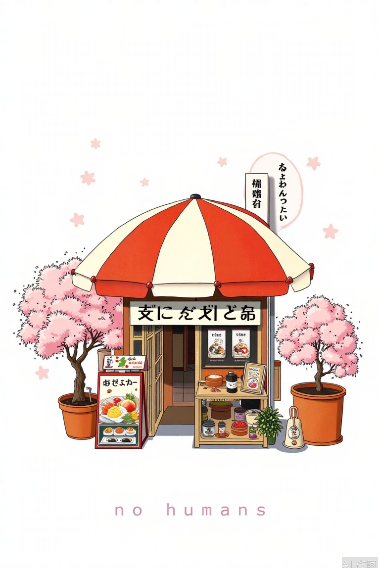 simple background, white background, food, english text, no humans, umbrella, plant, cherry blossoms, pink flower, potted plant, wagashi, shop, flower pot