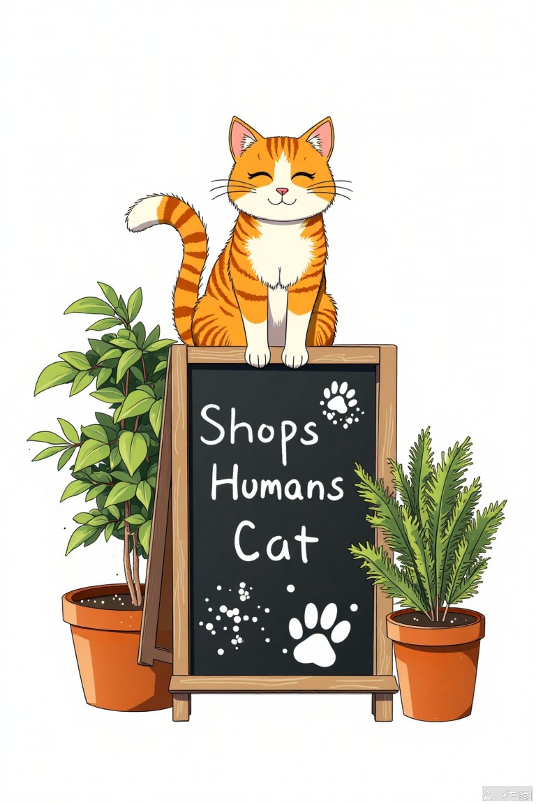 simple background, white background, no humans, cat, plant, sign, potted plant, paw print, chalkboard, shop