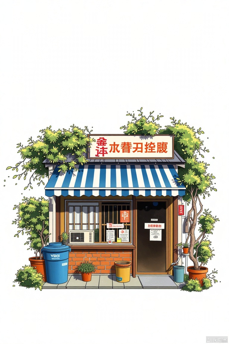 simple background, white background, outdoors, no humans, window, plant, building, scenery, sign, door, potted plant, shop, trash can, air conditioner