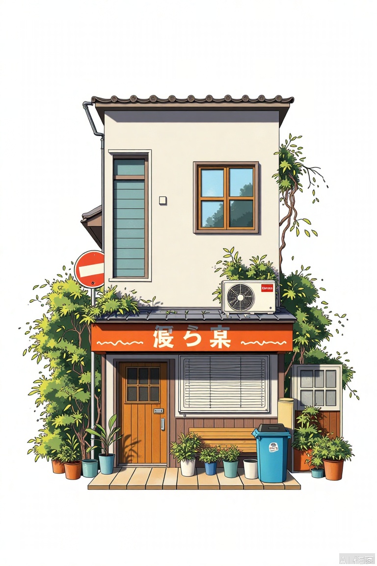 simple background, white background, outdoors, no humans, window, plant, building, scenery, sign, door, potted plant, shop, trash can, air conditioner