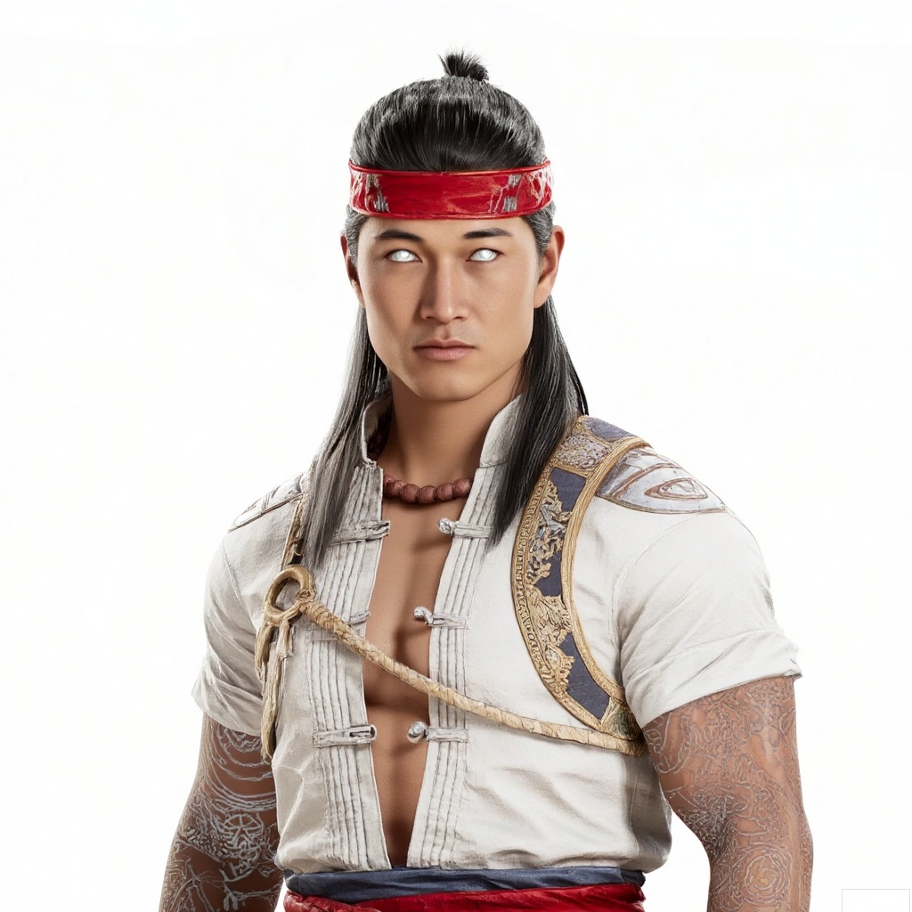 masterpiece, best quality,solo,(white background:1.2),simple background,
looking at viewer,liu_kang,Mortal_Kombat_1,chinese clothes,muscular,ankle wrap,white shirt,,tattoo,armor,choker,logo,vest,jacket,earrings,manly