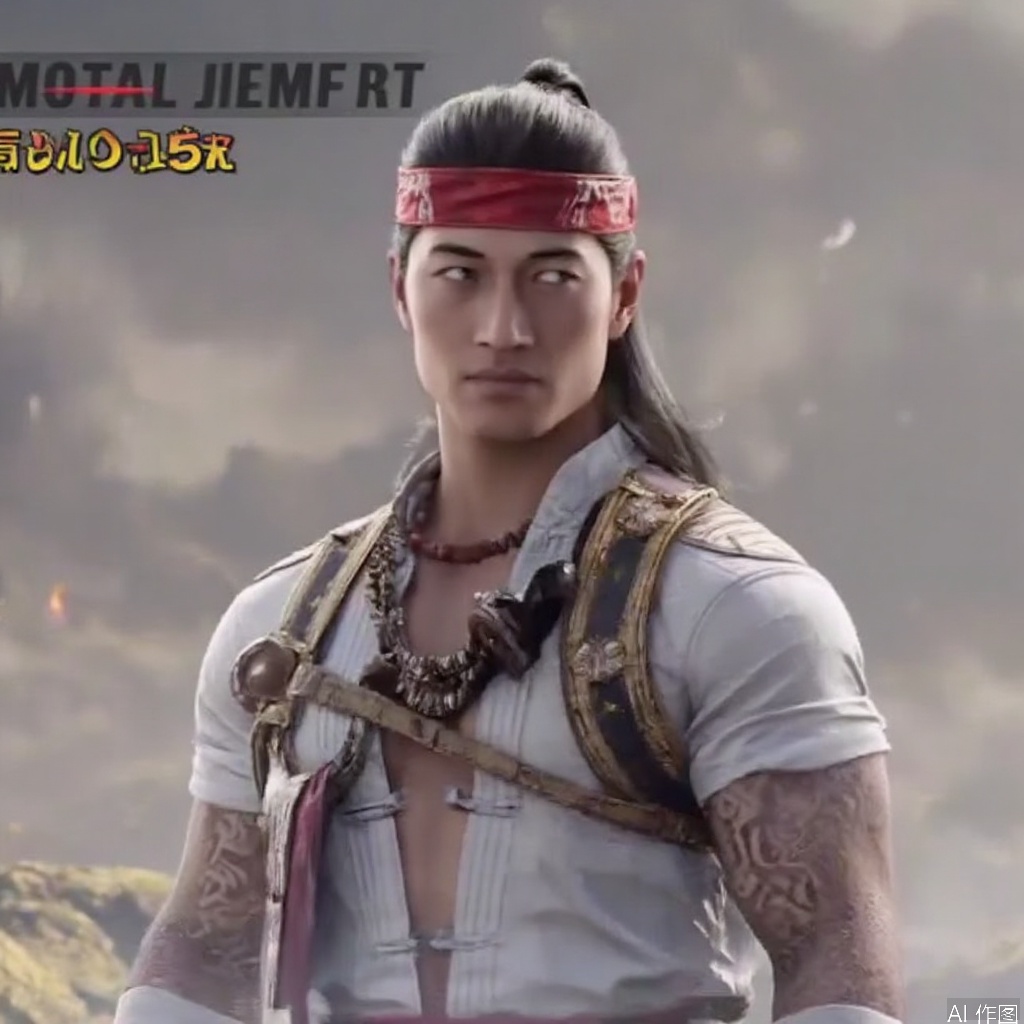 ,solo,(grey background:1.2),simple background,liu_kang,Mortal_Kombat_1,chinese clothes,muscular,ankle wrap,white shirt,bandaged leg,tattoo,armor,choker,logo,vest,jacket,earrings,manly,pants,necklace,belt,jewelry,wrist wrap,fire,flame,bandaged hand,arm wrap,bandaged arm,long hair,headband,black hair,1boy