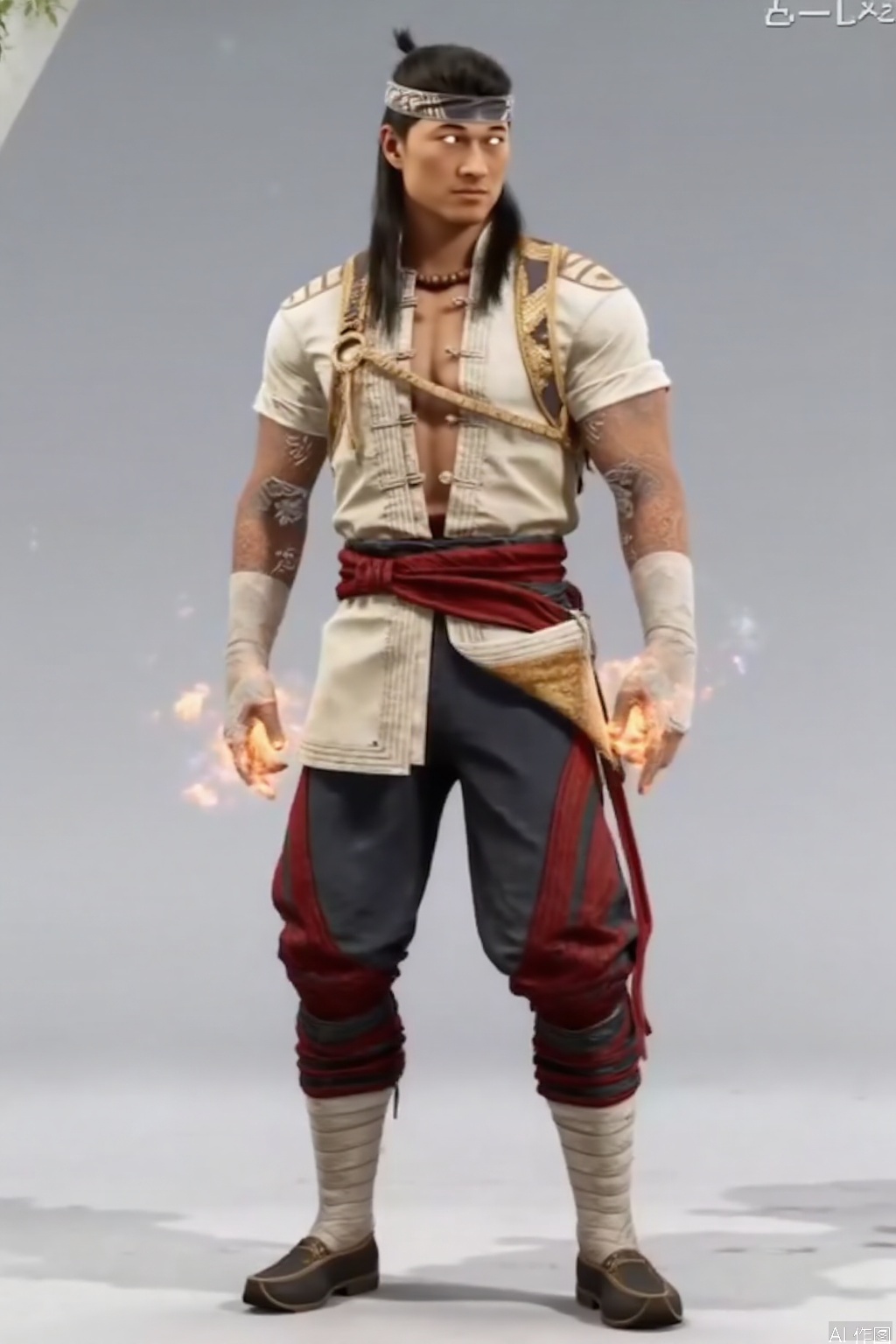 ,solo,(grey background:1.2),simple background,liu_kang,Mortal_Kombat_1,chinese clothes,muscular,ankle wrap,white shirt,bandaged leg,tattoo,armor,choker,logo,vest,jacket,earrings,manly,pants,necklace,belt,jewelry,wrist wrap,fire,flame,bandaged hand,arm wrap,bandaged arm,long hair,headband,black hair,1boy