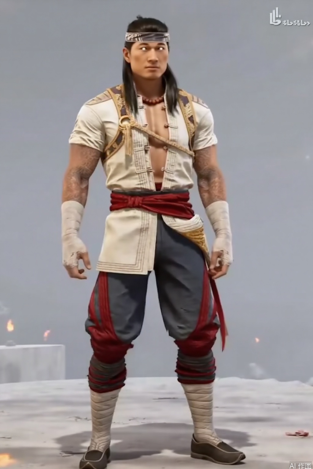 ,solo,(grey background:1.2),simple background,liu_kang,Mortal_Kombat_1,chinese clothes,muscular,ankle wrap,white shirt,bandaged leg,tattoo,armor,choker,logo,vest,jacket,earrings,manly,pants,necklace,belt,jewelry,wrist wrap,fire,flame,bandaged hand,arm wrap,bandaged arm,long hair,headband,black hair,1boy