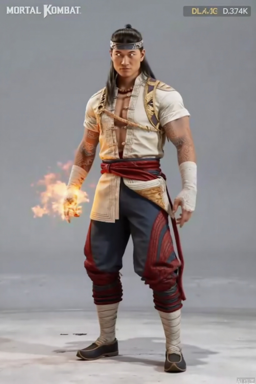 ,solo,(grey background:1.2),simple background,liu_kang,Mortal_Kombat_1,chinese clothes,muscular,ankle wrap,white shirt,bandaged leg,tattoo,armor,choker,logo,vest,jacket,earrings,manly,pants,necklace,belt,jewelry,wrist wrap,fire,flame,bandaged hand,arm wrap,bandaged arm,long hair,headband,black hair,1boy