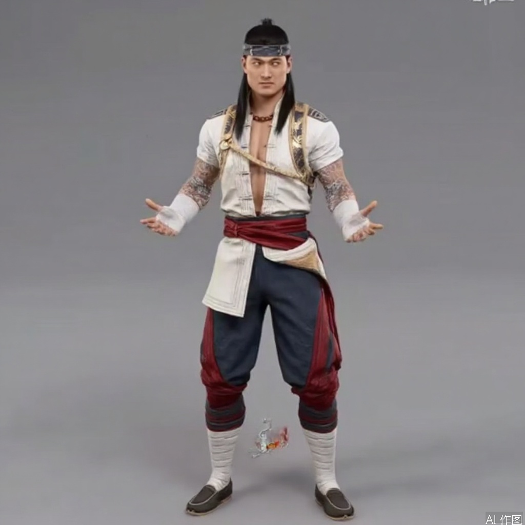 ,solo,(grey background:1.2),simple background,liu_kang,Mortal_Kombat_1,chinese clothes,muscular,ankle wrap,white shirt,bandaged leg,tattoo,armor,choker,logo,vest,jacket,earrings,manly,pants,necklace,belt,jewelry,wrist wrap,fire,flame,bandaged hand,arm wrap,bandaged arm,long hair,headband,black hair,1boy