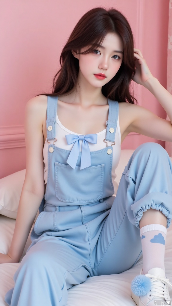 WALLPER is a medium angle photo,featuring fair skin,skin that glows white,and an extreme lighting effect. Next to the bed in a pink room,the model wears light blue overalls paired with a white cropped top. The overalls have a high waist design,accentuating the waistline,and feature white button decorations on the straps. The pants are loose but taper at the ankles,revealing slender ankles clad in white stockings with light blue cloud patterns. The white cropped top underneath has a round neckline tied with a light blue ribbon into a bow,highlighting her impressive bust and slim waist. She wears white sneakers ,and the sides of the shoes are adorned with light blue lines. There is also a light blue fluffy ball on the shoe surface. The model sits on the edge of the bed,one hand propped up on the bed,with a sweet and alluring gaze.,