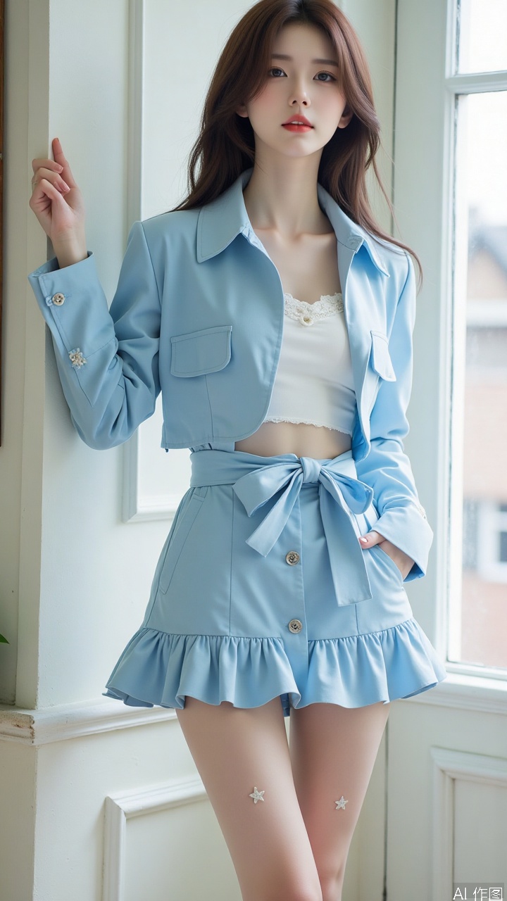 WALLPER is a medium angle photo,featuring fair skin,skin that glows white, and an extreme lighting effect. The side backlight and front side warm light work together to show her perfect figure. She wore a light blue short trench coat with a slim fit design, with a single-breasted open, revealing the white short trench vest inside, showing her proud chest and slender waist, and the neckline and cuffs are decorated with white fluff to add a sweet feeling. The lower body is paired with a light blue high-waisted short skirt. The short skirt is in an A-line style. The hem has multiple layers of ruffles and is longer than the middle of the thigh, showing slender and beautiful legs. She was wearing flesh-colored stockings on her beautiful legs, and there were light blue stars on her stockings. She sports a pair of light blue high heels, with a 10 cm heel and a white bow on the upper, which exudes a fresh and sexy charm under the sunlight. She held the window with her hands and raised her head slightly, her eyes bright and charming, which was heart-warming.