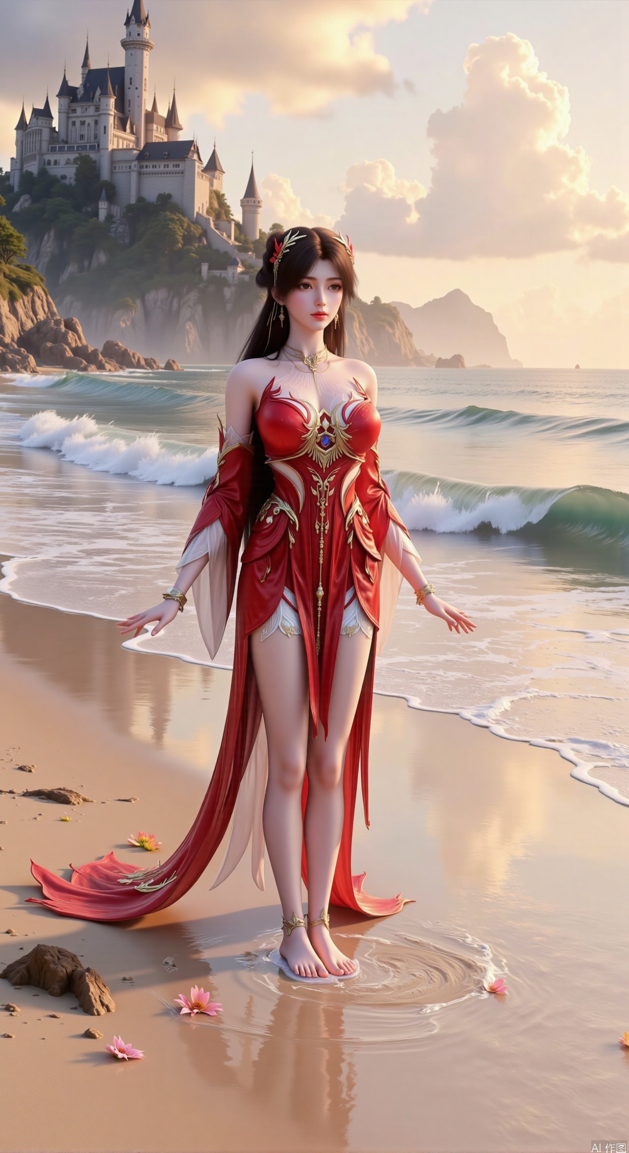  SFW,(masterpiece:1.2),best quality,3d anime style, cg,absurdres,masterpiece,original,extremely detailed wallpaper,perfect lighting,official art, A young woman in embroidered qipao standing barefoot on golden sandy beach, colorful flowers around feet, ocean waves washing over feet, white medieval castle with pointed towers resembling Neuschwanstein Castle perched on steep cliff in background, golden sunset rays piercing through clouds, ultra-wide angle composition with detailed foreground sand textures, dynamic mid-shot of figure interacting with waves, three-dimensional castle structure in background, high saturation colors, 8K resolution, precise depth of field control, HDR lighting, surreal elements blended with photorealistic details, realistic water reflections, intricate silk fabric texture, castle floating in mist atmosphere,(huge breasts:2.99),(full breasts:2.99),