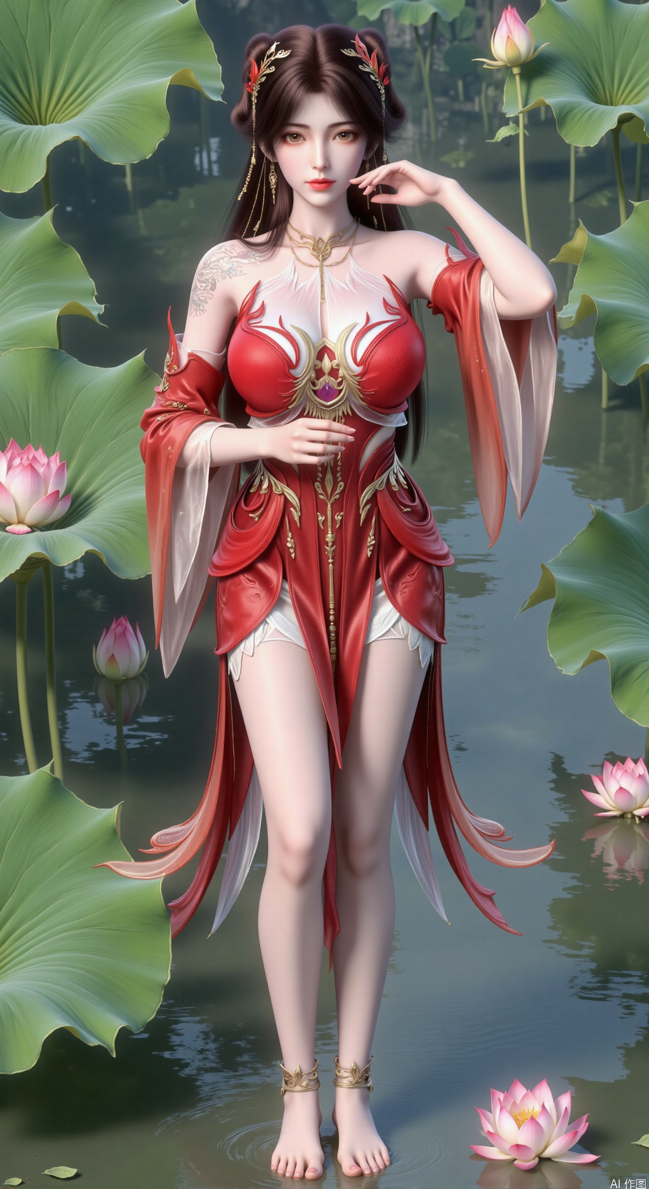  SFW,(masterpiece:1.2),best quality,3d anime style, cg,absurdres,masterpiece,original,extremely detailed wallpaper,perfect lighting,official art, (1girl), (solo), ((looking_at_viewer)),(huge breasts:2.99),(full breasts:2.99),long dress,(Forbidden City, osmanthus, lotus pond, lotus:1.3),XhuolingerY
