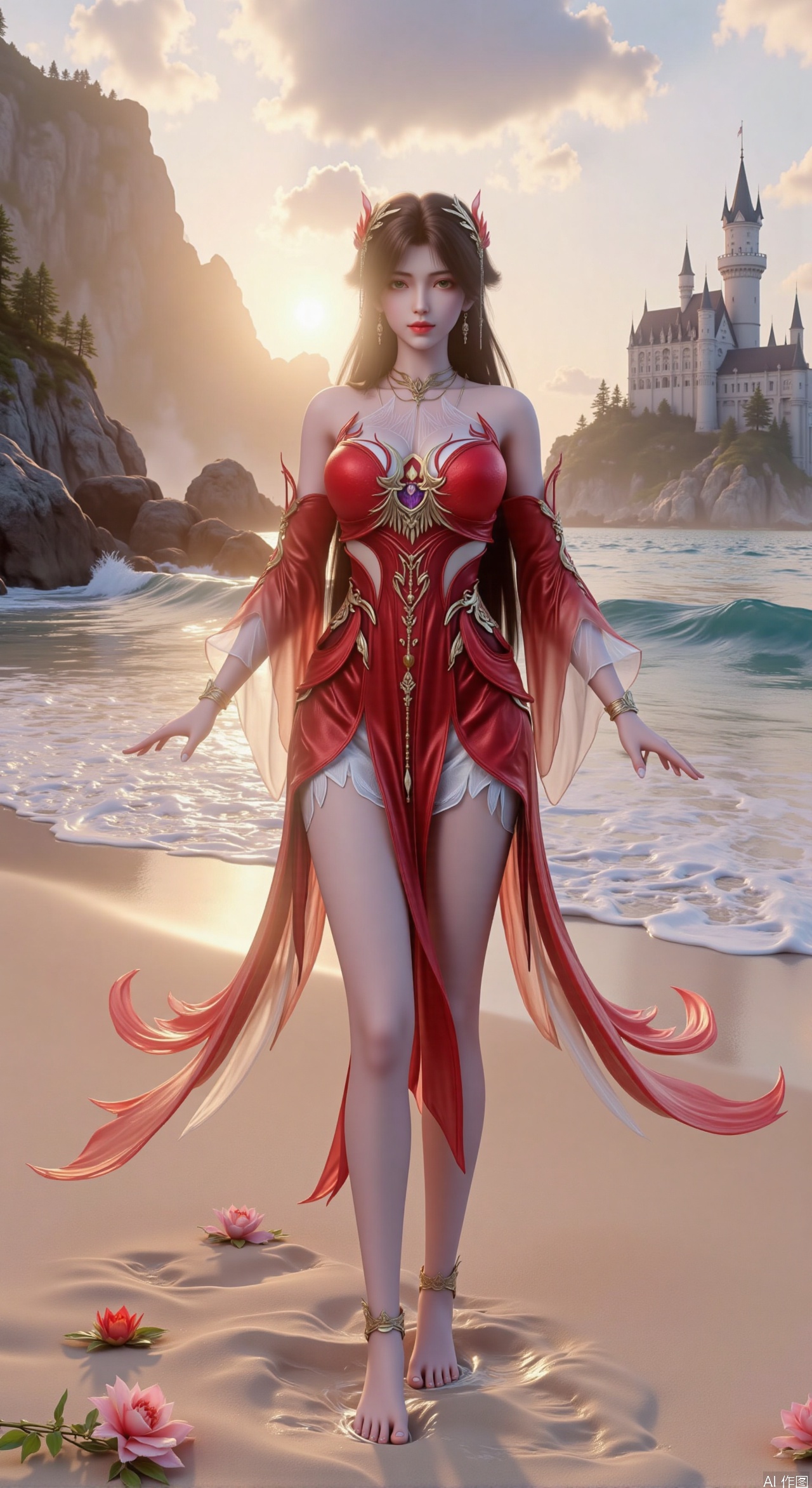  SFW,(masterpiece:1.2),best quality,3d anime style, cg,absurdres,masterpiece,original,extremely detailed wallpaper,perfect lighting,official art, A young woman in embroidered qipao standing barefoot on golden sandy beach, colorful flowers around feet, ocean waves washing over feet, white medieval castle with pointed towers resembling Neuschwanstein Castle perched on steep cliff in background, golden sunset rays piercing through clouds, ultra-wide angle composition with detailed foreground sand textures, dynamic mid-shot of figure interacting with waves, three-dimensional castle structure in background, high saturation colors, 8K resolution, precise depth of field control, HDR lighting, surreal elements blended with photorealistic details, realistic water reflections, intricate silk fabric texture, castle floating in mist atmosphere,(huge breasts:2.99),(full breasts:2.99),