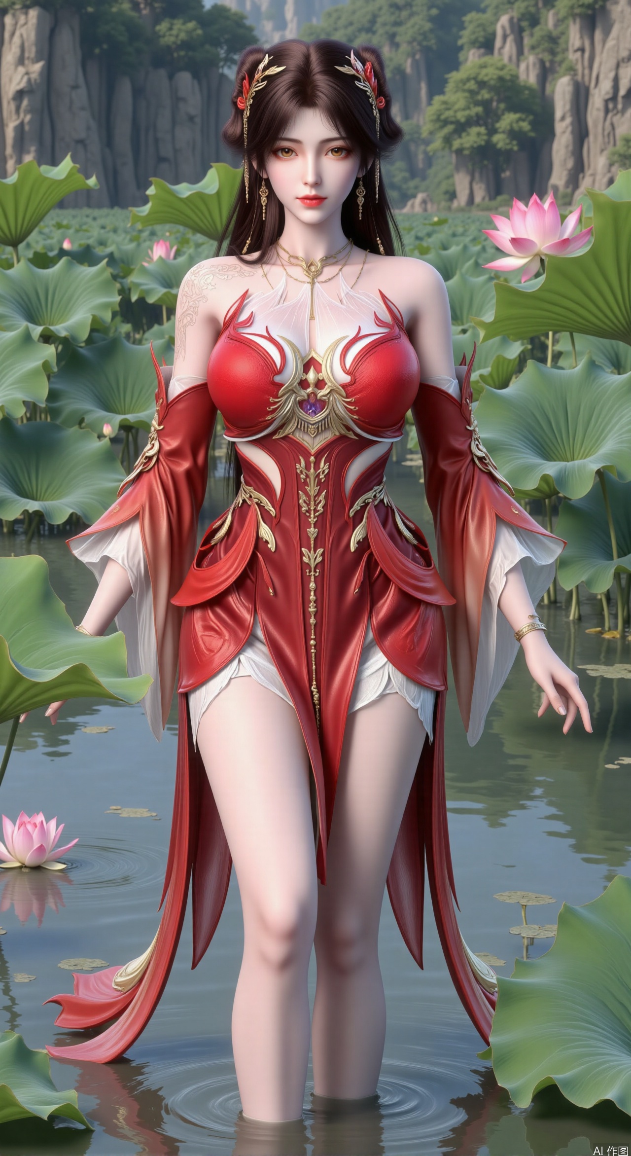  SFW,(masterpiece:1.2),best quality,3d anime style, cg,absurdres,masterpiece,original,extremely detailed wallpaper,perfect lighting,official art, (1girl), (solo), ((looking_at_viewer)),(huge breasts:2.99),(full breasts:2.99),long dress,(Forbidden City, osmanthus, lotus pond, lotus:1.3),XhuolingerY