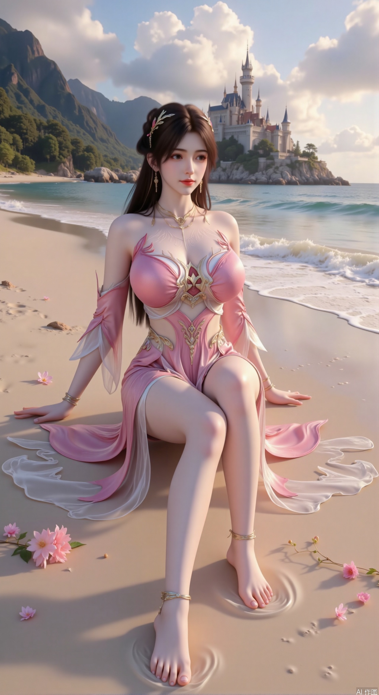  SFW,(masterpiece:1.2),best quality,absurdres,masterpiece,original,extremely detailed wallpaper,perfect lighting,A young woman in embroidered qipao sitting barefoot on golden sandy beach, colorful flowers around feet, ocean waves washing over feet, white medieval castle with pointed towers resembling Neuschwanstein Castle perched on steep cliff in background, golden sunset rays piercing through clouds, ultra-wide angle composition with detailed foreground sand textures, dynamic mid-shot of figure interacting with waves, three-dimensional castle structure in background, high saturation colors, 8K resolution, precise depth of field control, HDR lighting, surreal elements blended with photorealistic details, realistic water reflections, intricate silk fabric texture, castle floating in mist atmosphere,(huge breasts:2.99),(full breasts:2.99),Xzhihua,Xsiyouyou,Xyanruyu,Xmoxiaonan,Xyeqingxian