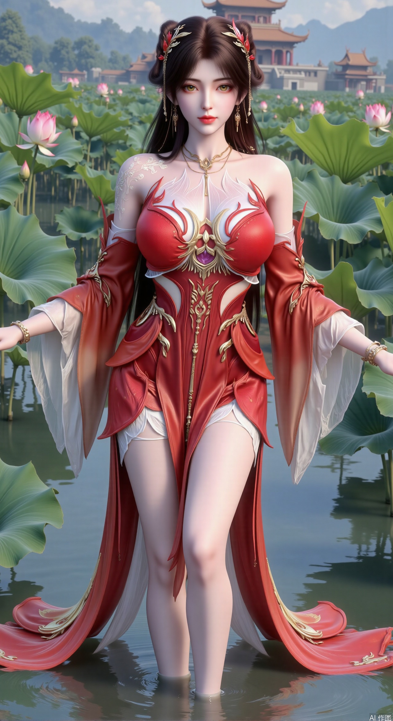  SFW,(masterpiece:1.2),best quality,3d anime style, cg,absurdres,masterpiece,original,extremely detailed wallpaper,perfect lighting,official art, (1girl), (solo), ((looking_at_viewer)),(huge breasts:2.99),(full breasts:2.99),long dress,(Forbidden City, osmanthus, lotus pond, lotus:1.3),XhuolingerY