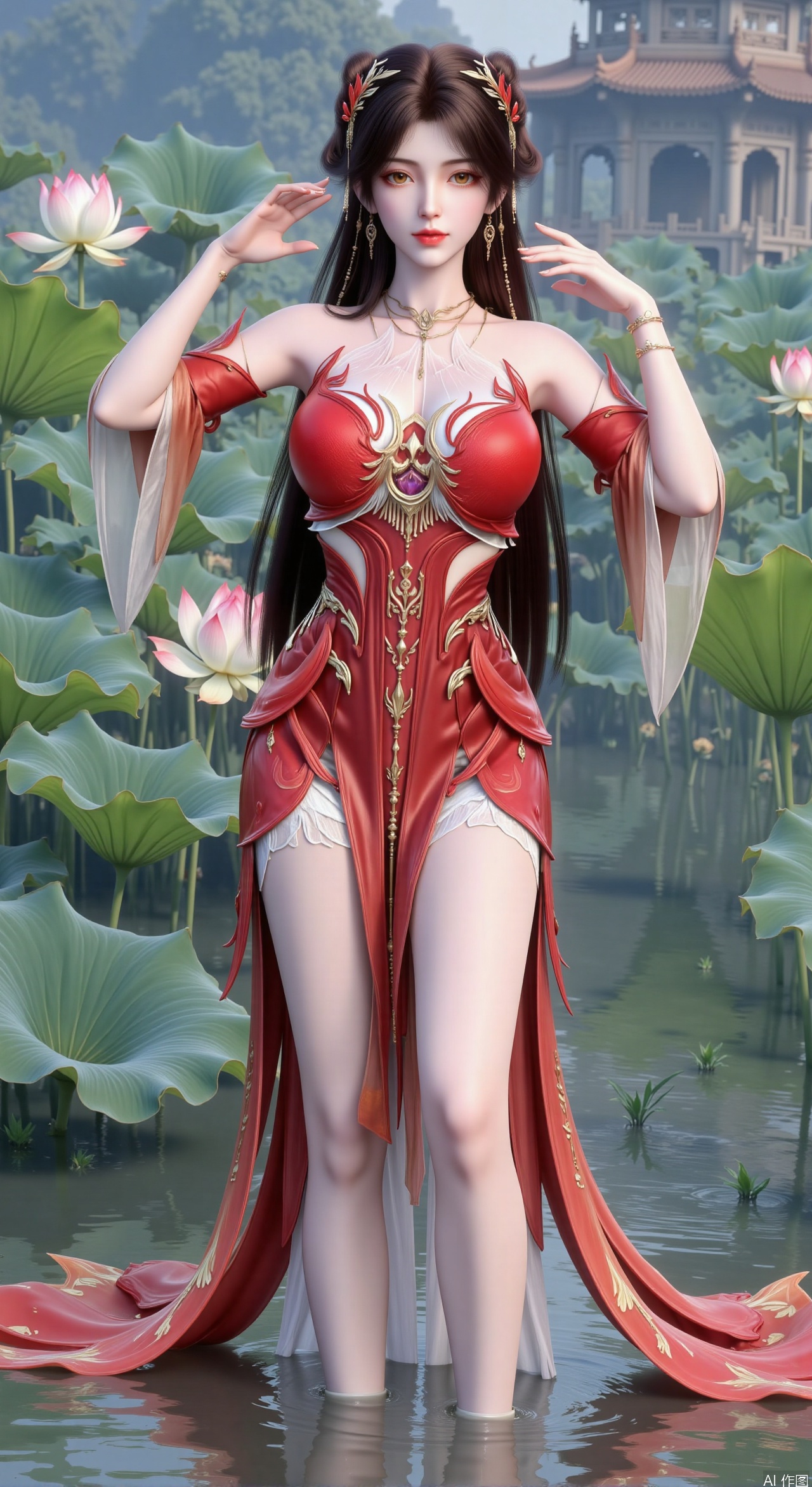  SFW,(masterpiece:1.2),best quality,3d anime style, cg,absurdres,masterpiece,original,extremely detailed wallpaper,perfect lighting,official art, (1girl), (solo), ((looking_at_viewer)),(huge breasts:2.99),(full breasts:2.99),long dress,(Forbidden City, osmanthus, lotus pond, lotus:1.3),XhuolingerY