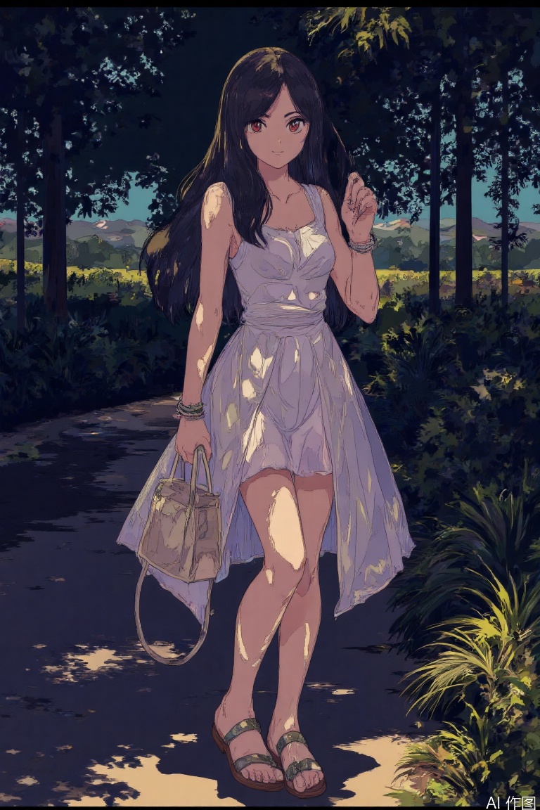  masterpiece, best quality, official art, model sheet, concept art, Large aperture, blurry background,(Perfect female body:1.2),(dark theme:1.3),(natural Skin texture, high clarity) ,
1girl, solo, long hair, black hair, dress, holding, jewelry, standing, full body, bag, white dress, bracelet, sandals, watch, handbag, wristwatch, fashion,Shoes
, g005,,,
