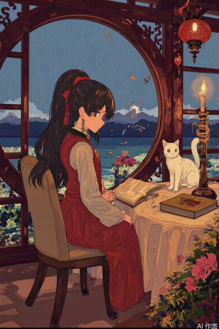 1girl,long hair,jewelry,earrings,single hair bun,(a white cat:1.4),chinese clothes,book,table,sitting,flower,circular window,window,dress,from side,hair ornament,hair bun,long sleeves,red dress,black hair,indoors,looking down,profile,brown hair,candle,light,GFGF,