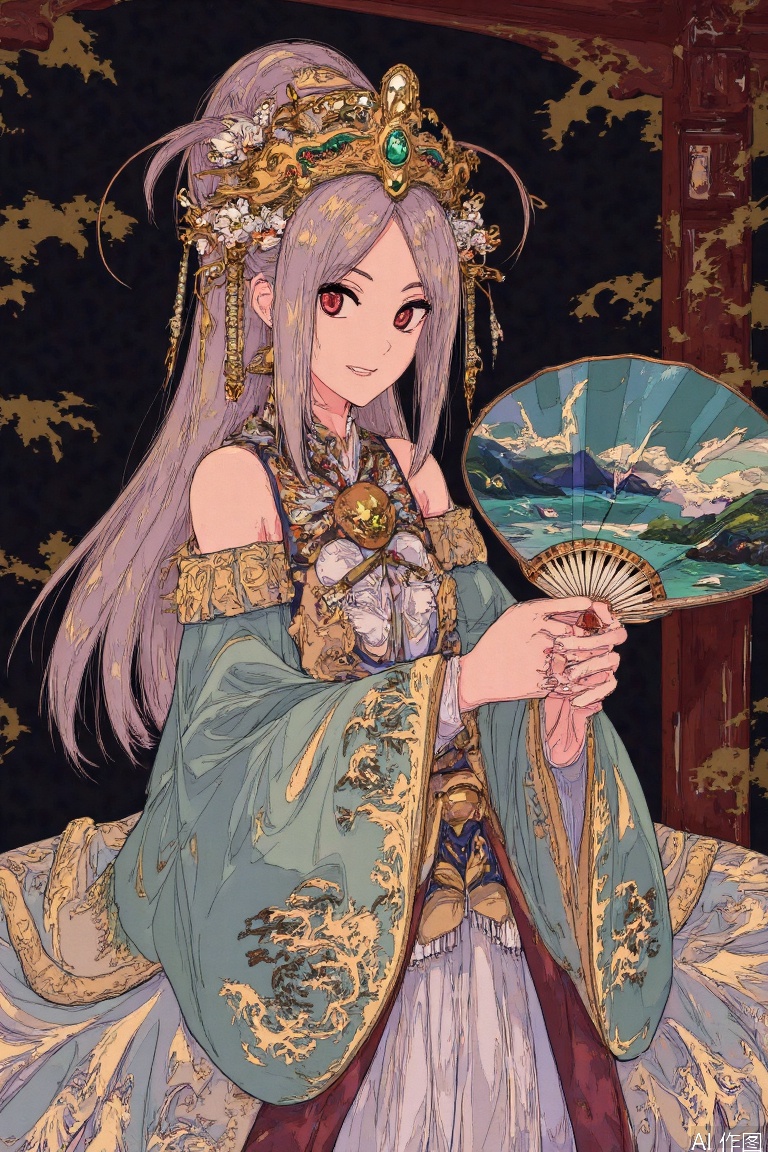 The Chinese female character wears an opulent court gown with a flowing satin skirt embellished with exquisite embroidery. The dress is embroidered with gold thread and dragon and phoenix patterns, highlighting her royal status and noble temperament. Wearing a golden pearl crown, inlaid with bright gems, like fairies in fairyland. Long hair wrapped down, wrapped in bundles of pearls and gold thread, glittering with the glory of the court. Her face was dignified and dignified, and there was a hint of wisdom and coolness in her eyes. Holding a jade fan, the fan is painted with the scenery of immortal mountains and divine water, highlighting her nobility and elegance