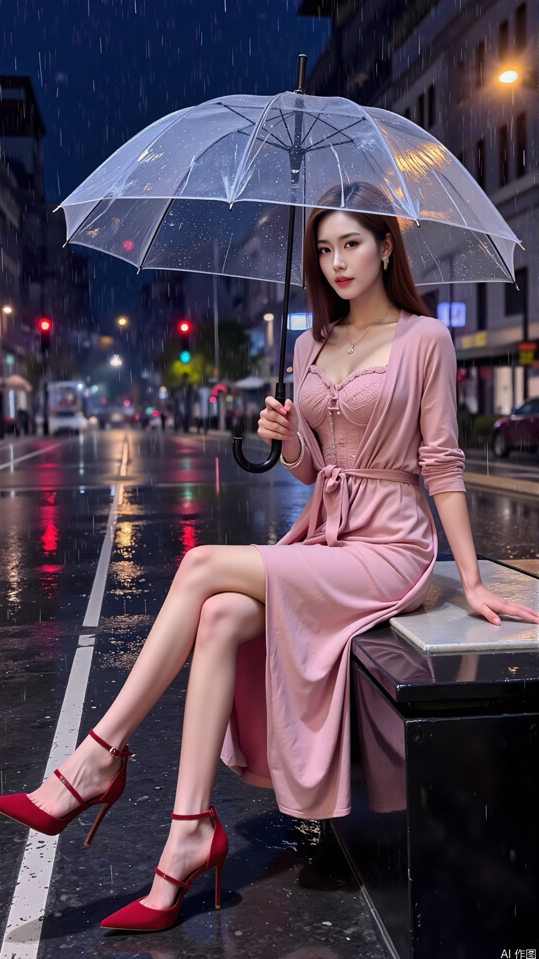 An elegant woman with a graceful figure and waist-length hair, wearing a pink dress with a sheer cardigan and red high heels, sits on a bench on a rainy night, holding a transparent umbrella.rainy,vivid color,lzbg,road,blurry background