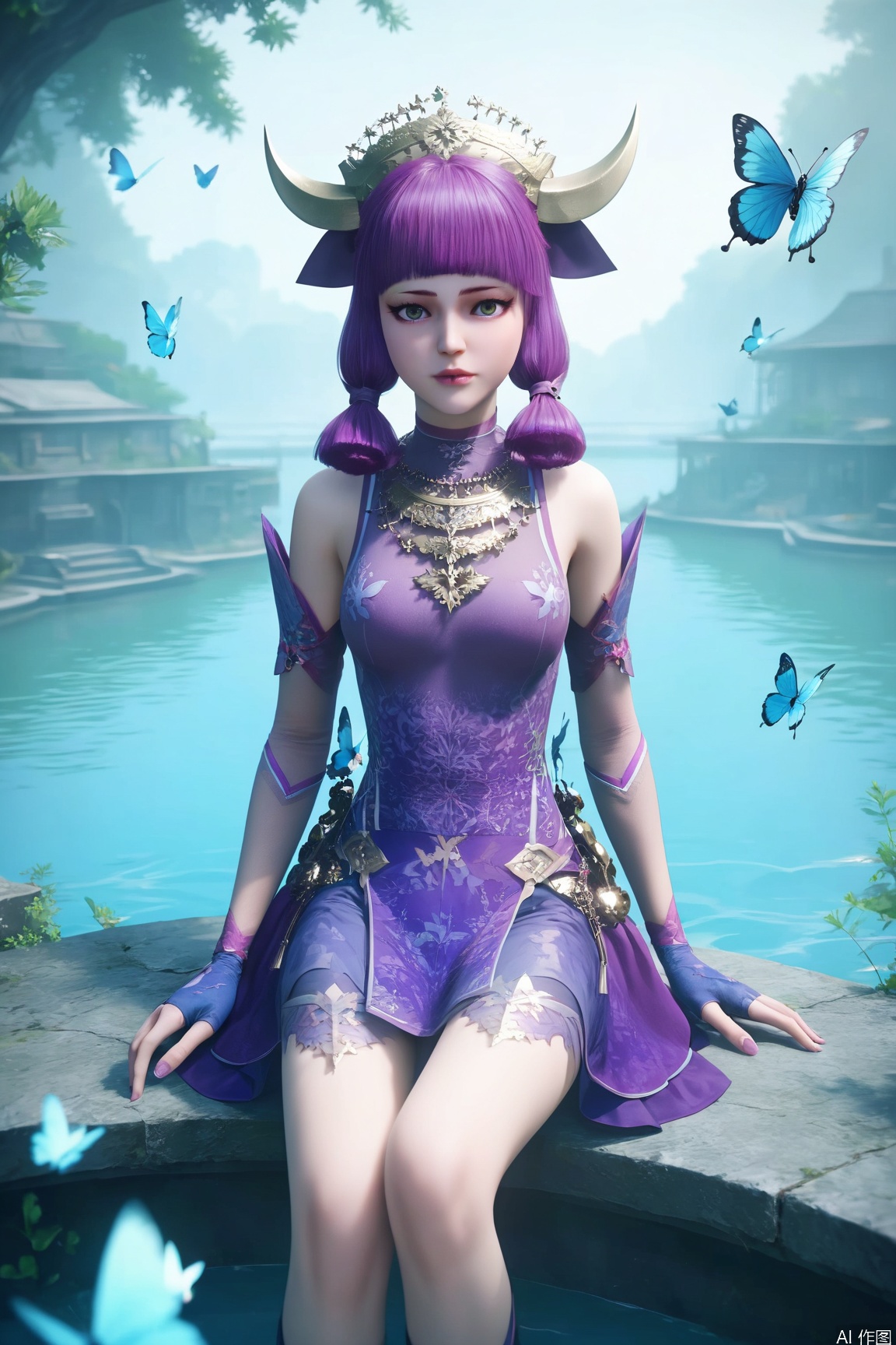score_9_up,score_8_up,score_7_up,(Masterpiece, Best Quality, High Resolution, 8K Raw),absurdres, highres, Expressiveh,illustration,CG,
1girl, solo, hair ornament, gloves, dress, twintails, sitting, purple hair, horns, fingerless gloves, water, bug, butterfly, purple dress