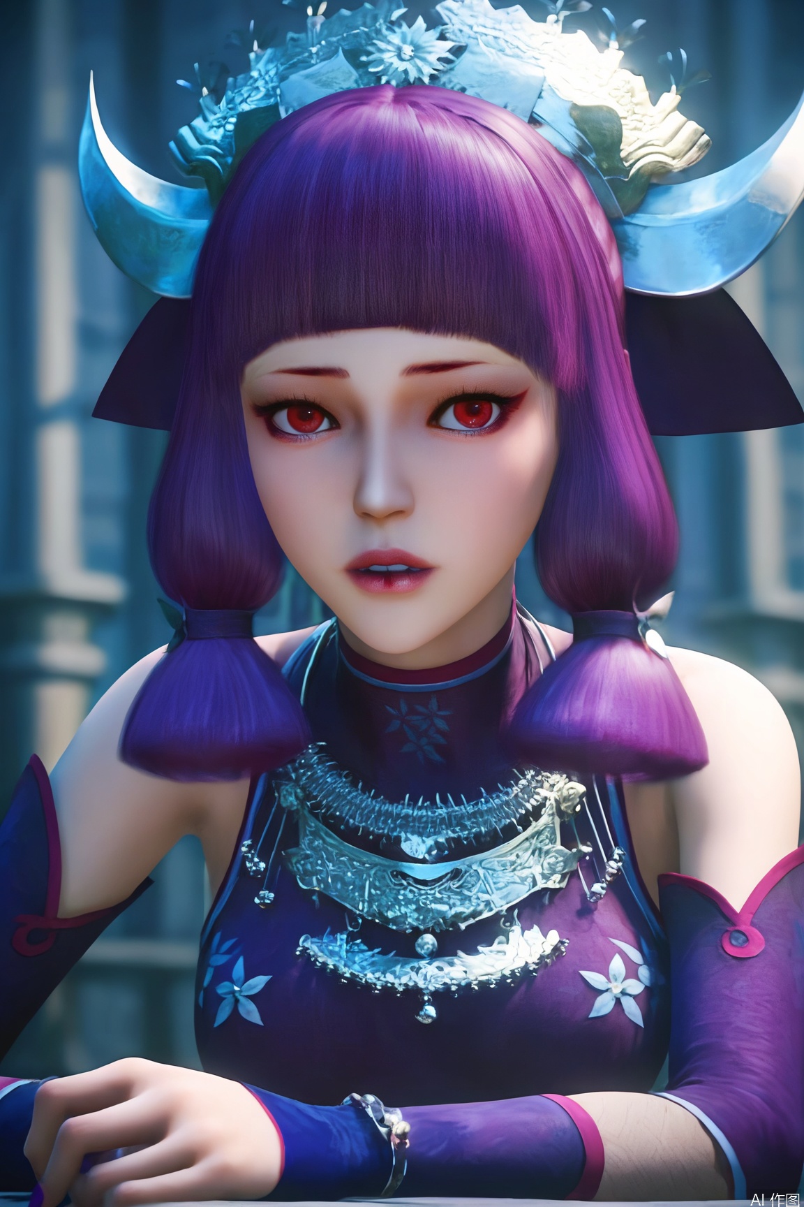 score_9_up,score_8_up,score_7_up,(Masterpiece, Best Quality, High Resolution, 8K Raw),absurdres, highres, Expressiveh,illustration,CG,
1girl, solo, breasts, looking at viewer, bangs, red eyes, dress, bare shoulders, upper body, purple hair, parted lips, detached sleeves, blunt bangs, nail polish, purple dress