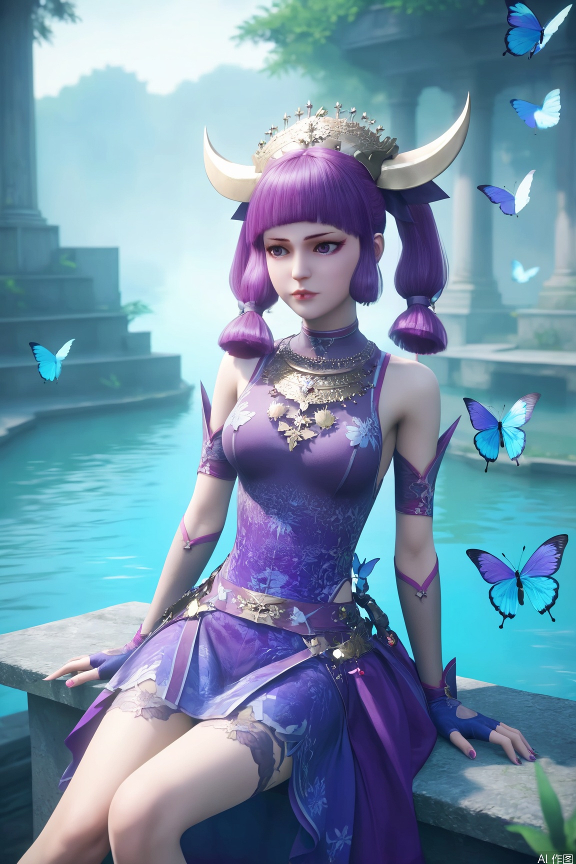 score_9_up,score_8_up,score_7_up,(Masterpiece, Best Quality, High Resolution, 8K Raw),absurdres, highres, Expressiveh,illustration,CG,
1girl, solo, hair ornament, gloves, dress, twintails, sitting, purple hair, horns, fingerless gloves, water, bug, butterfly, purple dress