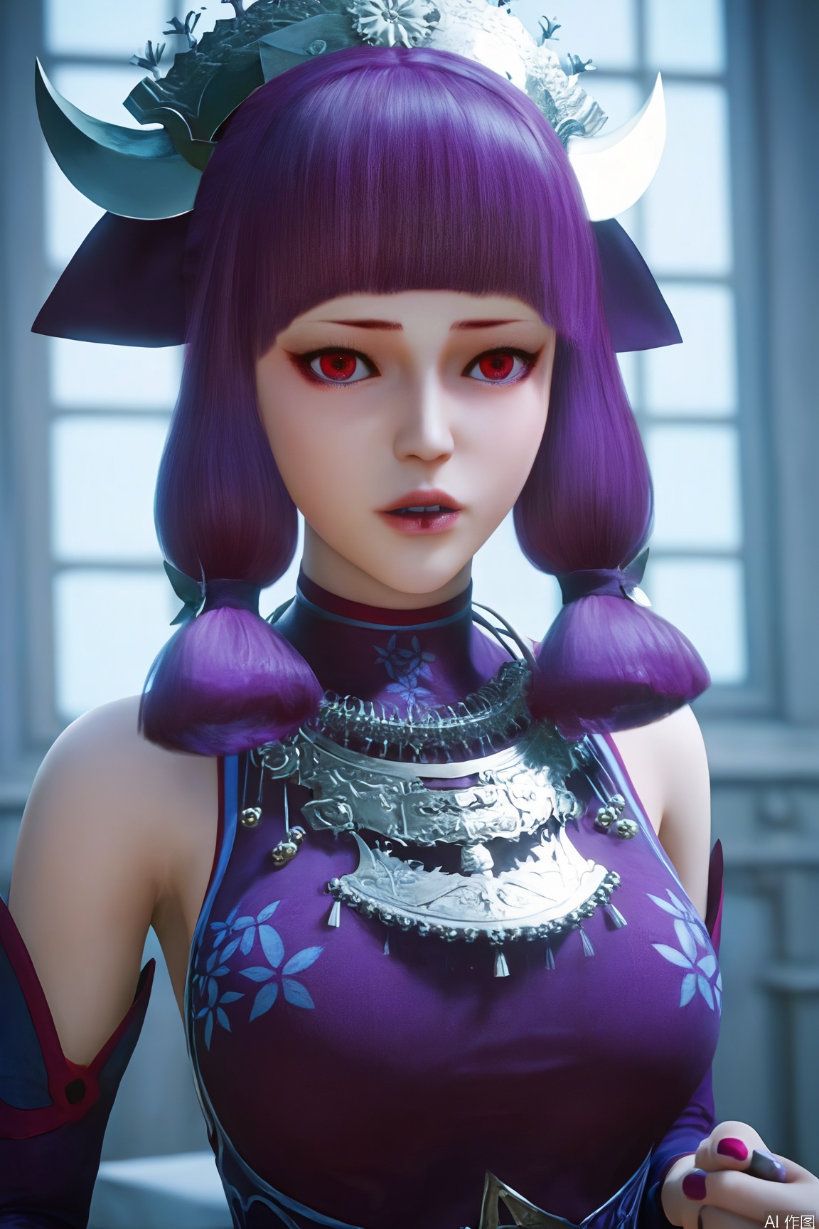 score_9_up,score_8_up,score_7_up,(Masterpiece, Best Quality, High Resolution, 8K Raw),absurdres, highres, Expressiveh,illustration,CG,
1girl, solo, breasts, looking at viewer, bangs, red eyes, dress, bare shoulders, upper body, purple hair, parted lips, detached sleeves, blunt bangs, nail polish, purple dress