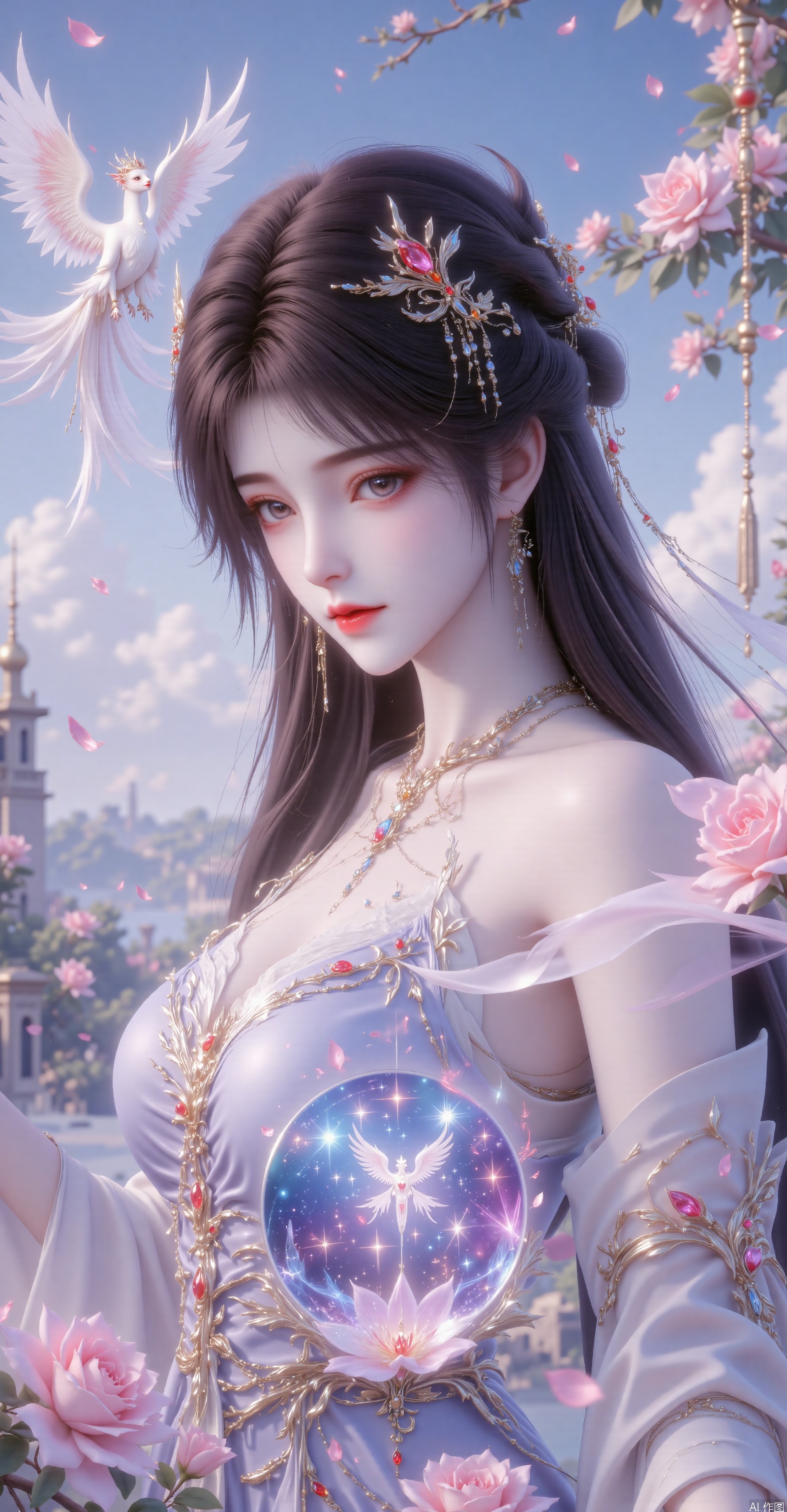 191 Flat Coloring.This image prompt depicts an animation-style woman in bright colors with a detailed background and long black hair.She is adorned with exquisite hair accessories,including a small crown.A double exposure effect is used,where a beautiful sea of roses,a starry sky,and stars in the sky can be seen through her silhouette.Additionally,a luminous phoenix is depicted in the sky.The figure and background blend together to create a dreamlike beauty.The overall style combines realism,3D rendering,magical realism painting art style,surrealist composition,bright colors,and blurs the line between reality and fantasy.