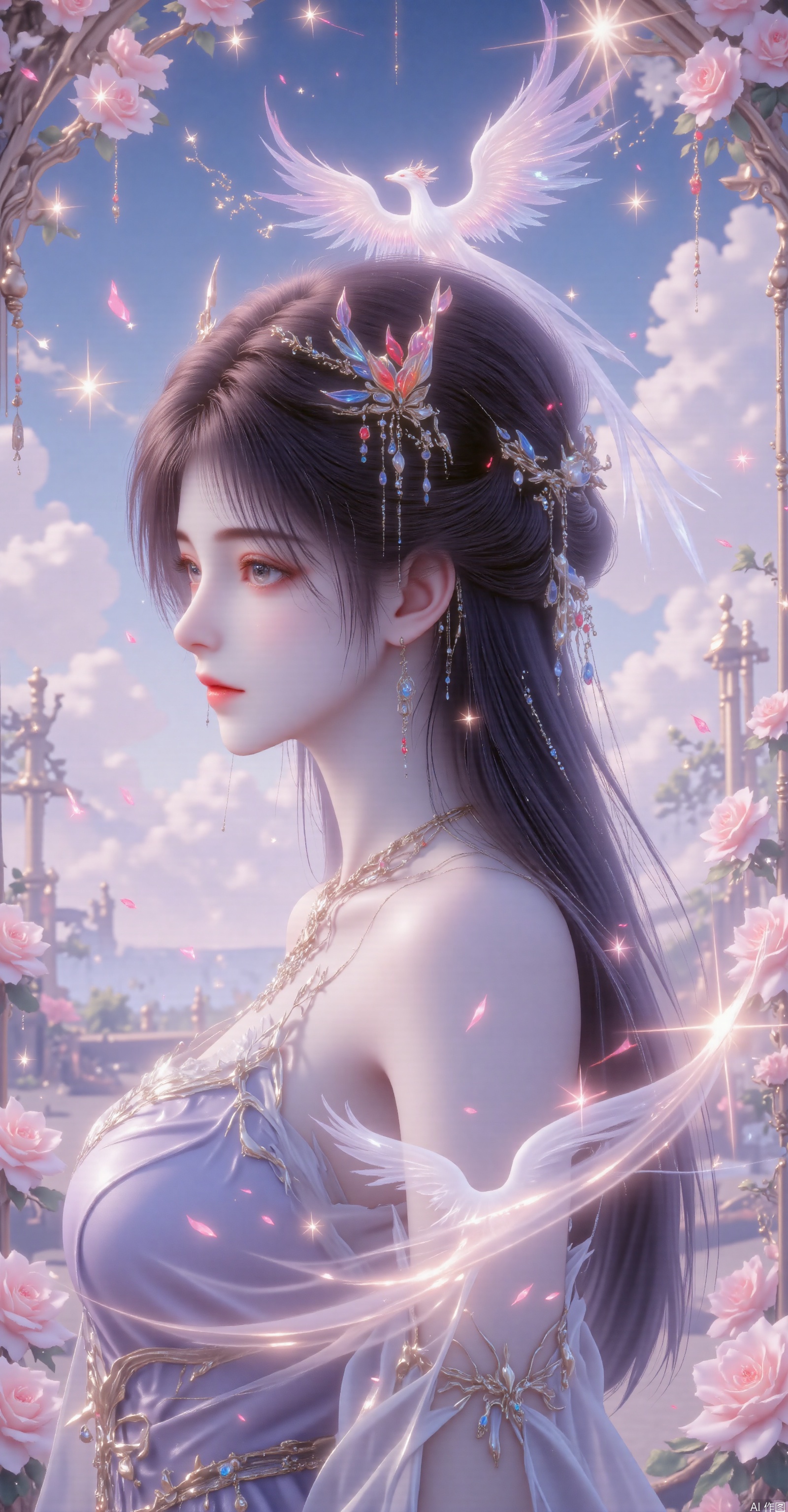 191 Flat Coloring.This image prompt depicts an animation-style woman in bright colors with a detailed background and long black hair.She is adorned with exquisite hair accessories,including a small crown.A double exposure effect is used,where a beautiful sea of roses,a starry sky,and stars in the sky can be seen through her silhouette.Additionally,a luminous phoenix is depicted in the sky.The figure and background blend together to create a dreamlike beauty.The overall style combines realism,3D rendering,magical realism painting art style,surrealist composition,bright colors,and blurs the line between reality and fantasy.