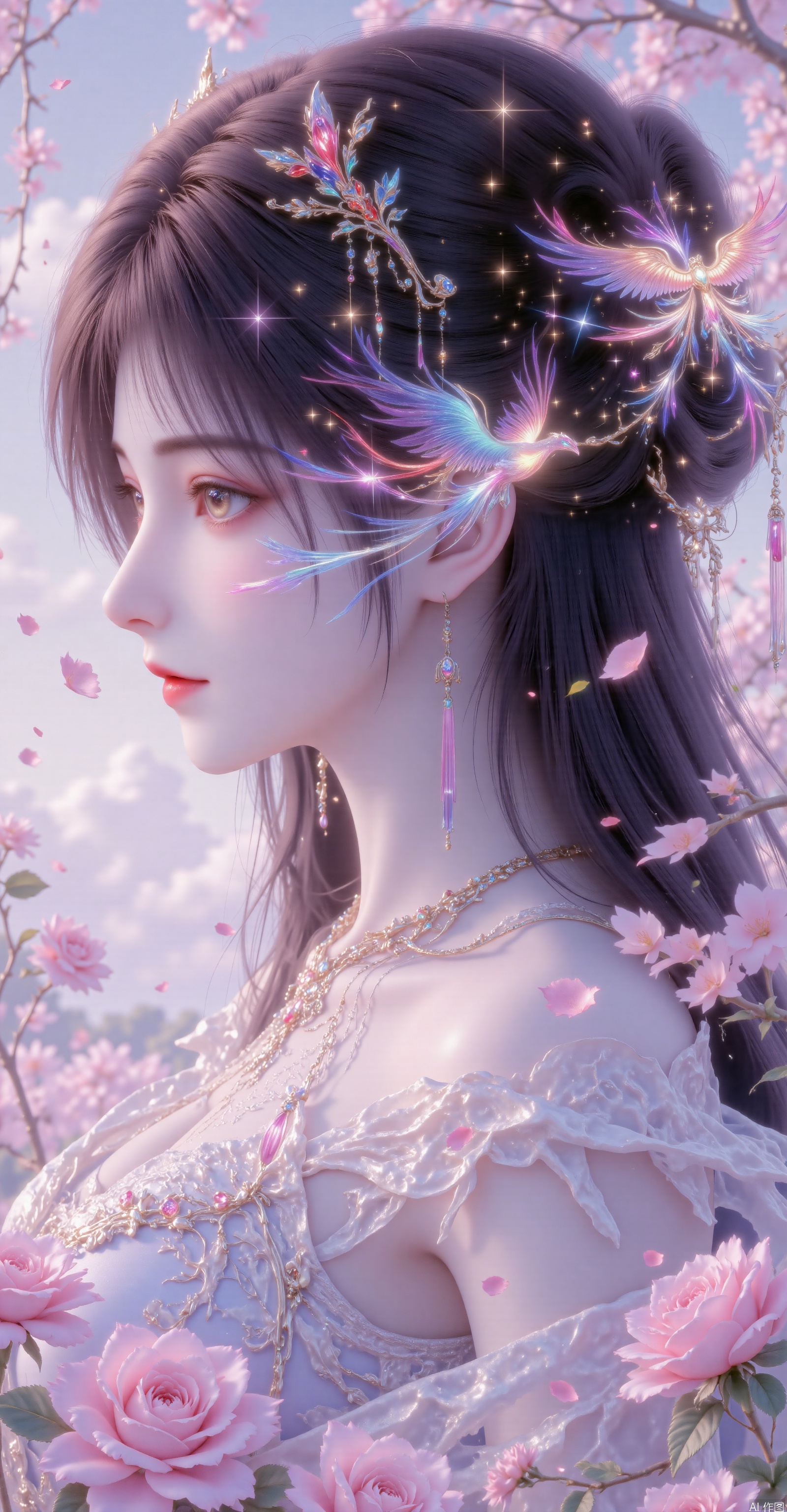 191 Flat Coloring.This image prompt depicts an animation-style woman in bright colors with a detailed background and long black hair.She is adorned with exquisite hair accessories,including a small crown.A double exposure effect is used,where a beautiful sea of roses,a starry sky,and stars in the sky can be seen through her silhouette.Additionally,a luminous phoenix is depicted in the sky.The figure and background blend together to create a dreamlike beauty.The overall style combines realism,3D rendering,magical realism painting art style,surrealist composition,bright colors,and blurs the line between reality and fantasy.