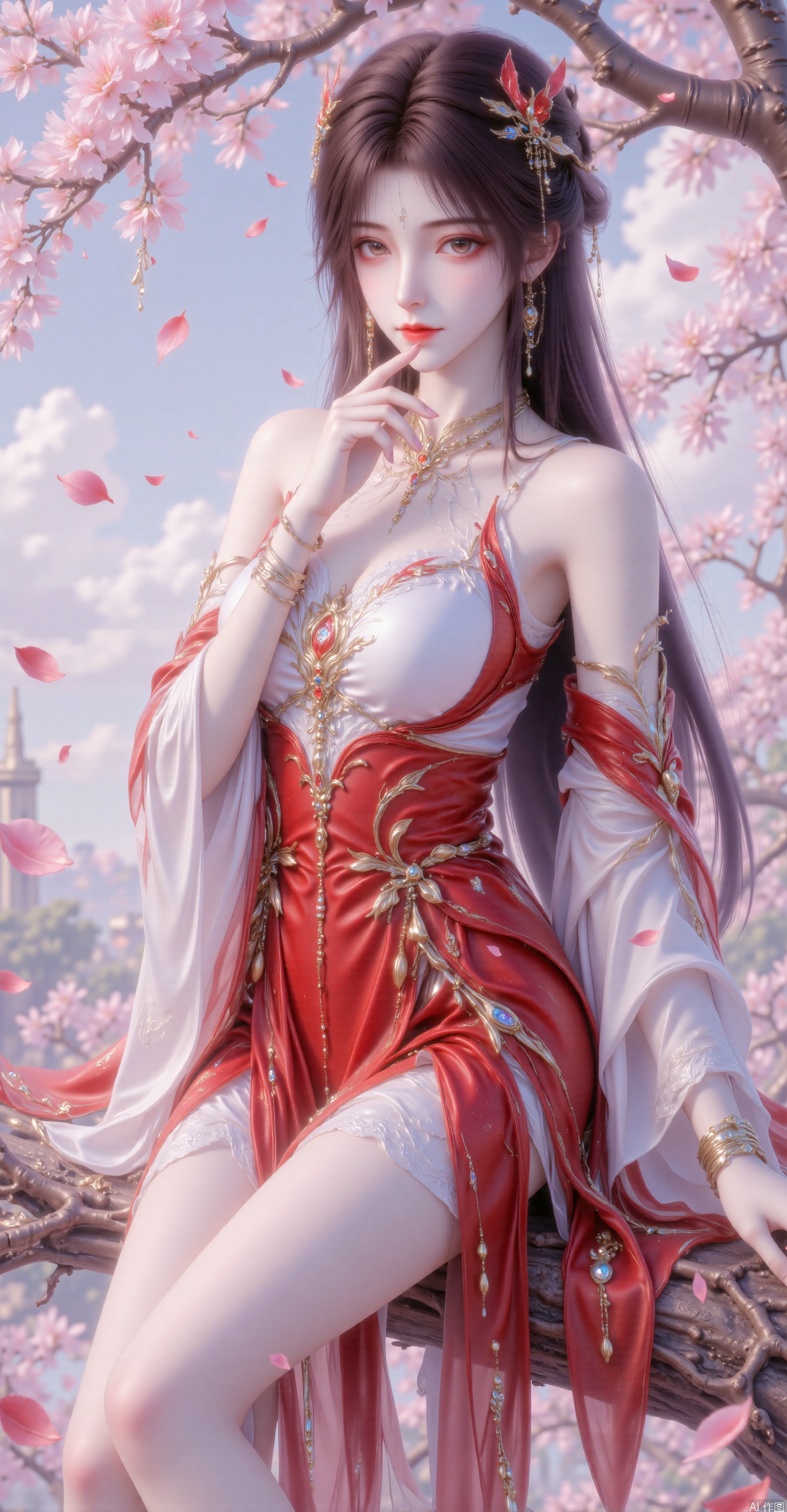 Character Image:The female character has long dark hair adorned with exquisite hair accessories,including a small crown.

Costume and Style:She is wearing a fantasy-style outfit interwoven with red and white,featuring golden decorations and patterns that exude both splendor and mystery.

Pose:She sits on a cherry blossom tree branch,one hand touching her nose,displaying a posture that is both confident and elegant.

Background:The background is a daytime scene with blue skies and white clouds,creating a tranquil and beautiful atmosphere.

Environment:Red petals are falling around her,adding liveliness and romance to the scene.

Accessories:She wears delicate earrings that match the style of her outfit.