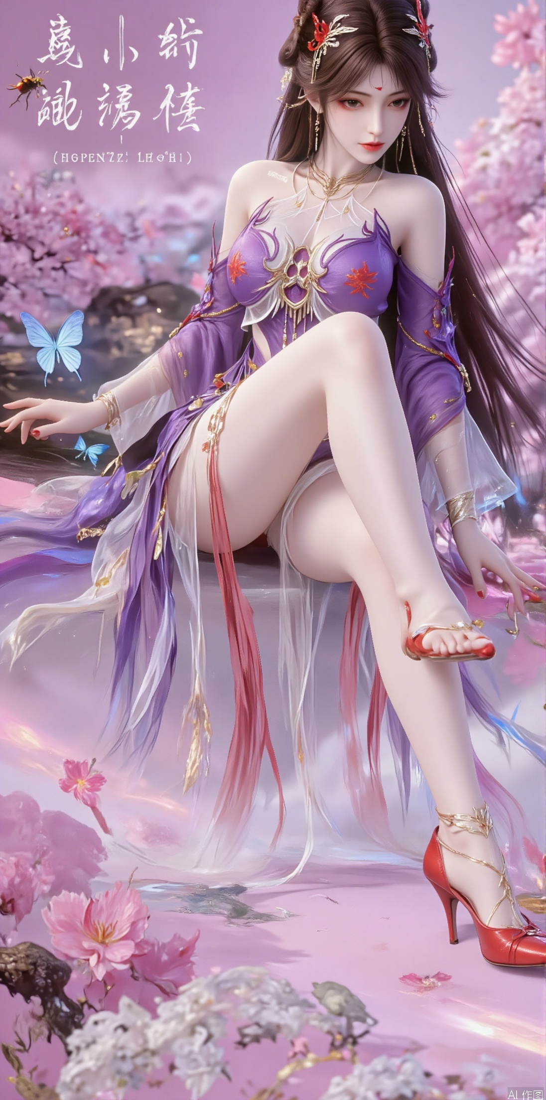 1girl, solo, long hair, looking at viewer, black hair, hair ornament, thighhighs, dress, sitting, closed mouth, full body, teeth, high heels, chinese clothes, bug, butterfly, purple dress, chinese text,jinghongzy