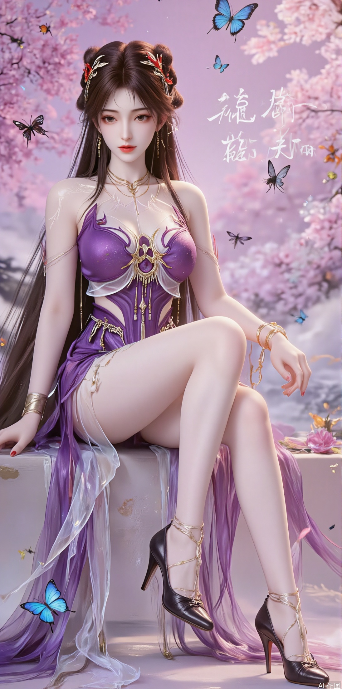 1girl, solo, long hair, looking at viewer, black hair, hair ornament, thighhighs, dress, sitting, closed mouth, full body, teeth, high heels, chinese clothes, bug, butterfly, purple dress, chinese text,jinghongzy