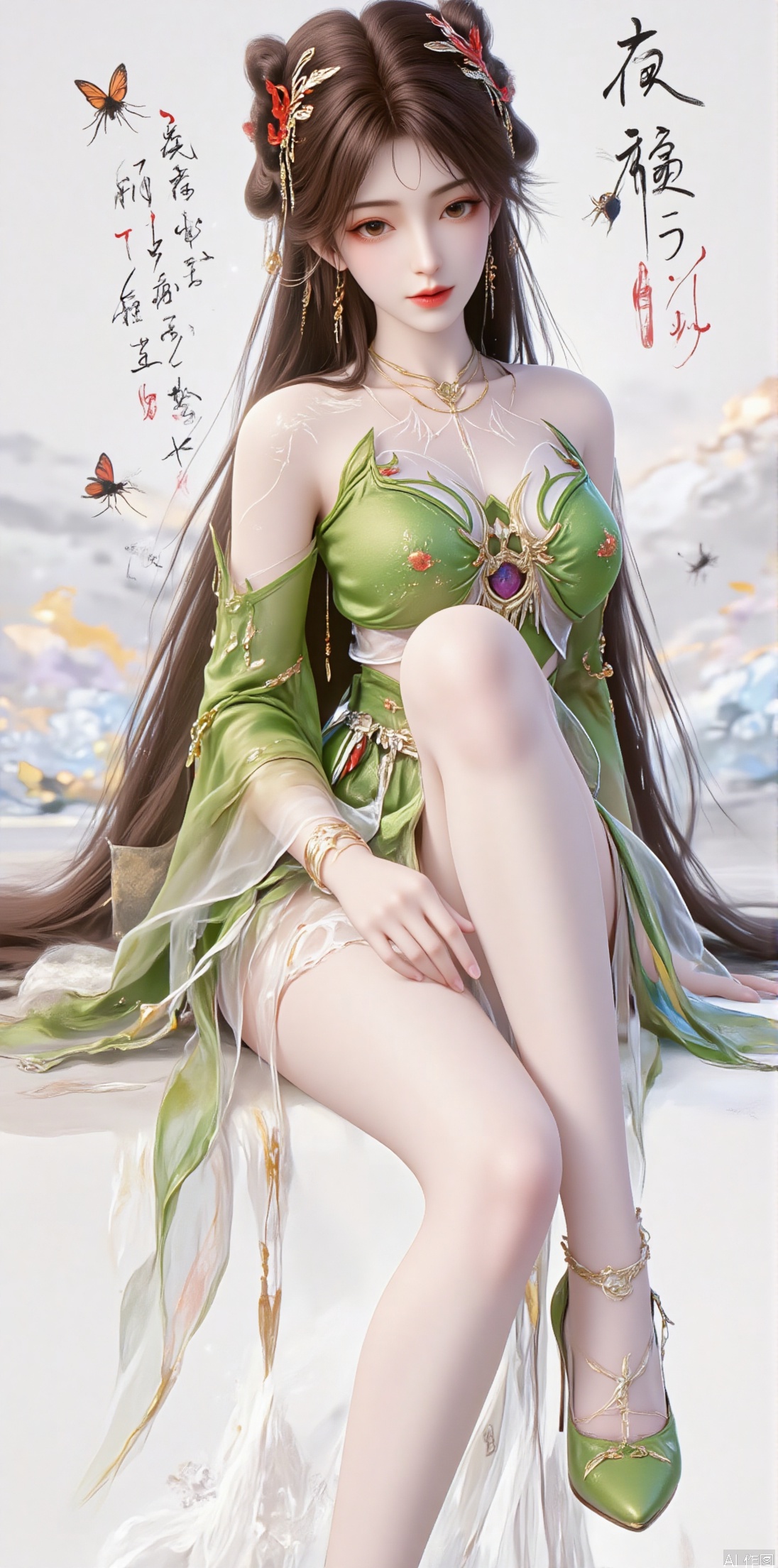 1girl, solo, long hair, looking at viewer, black hair, hair ornament, thighhighs, dress, sitting, closed mouth, full body, teeth, high heels, chinese clothes, bug, butterfly, green dress, chinese text,jinghongzy