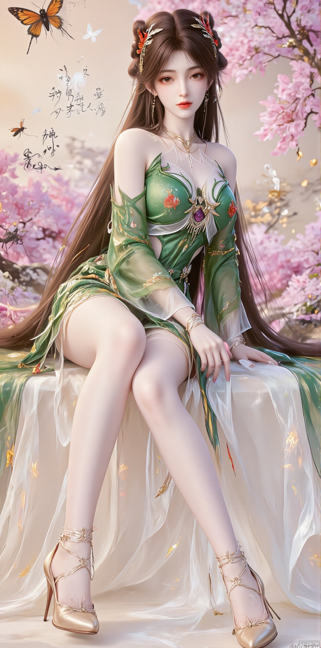 1girl, solo, long hair, looking at viewer, black hair, hair ornament, thighhighs, dress, sitting, closed mouth, full body, teeth, high heels, chinese clothes, bug, butterfly, green dress, chinese text,jinghongzy