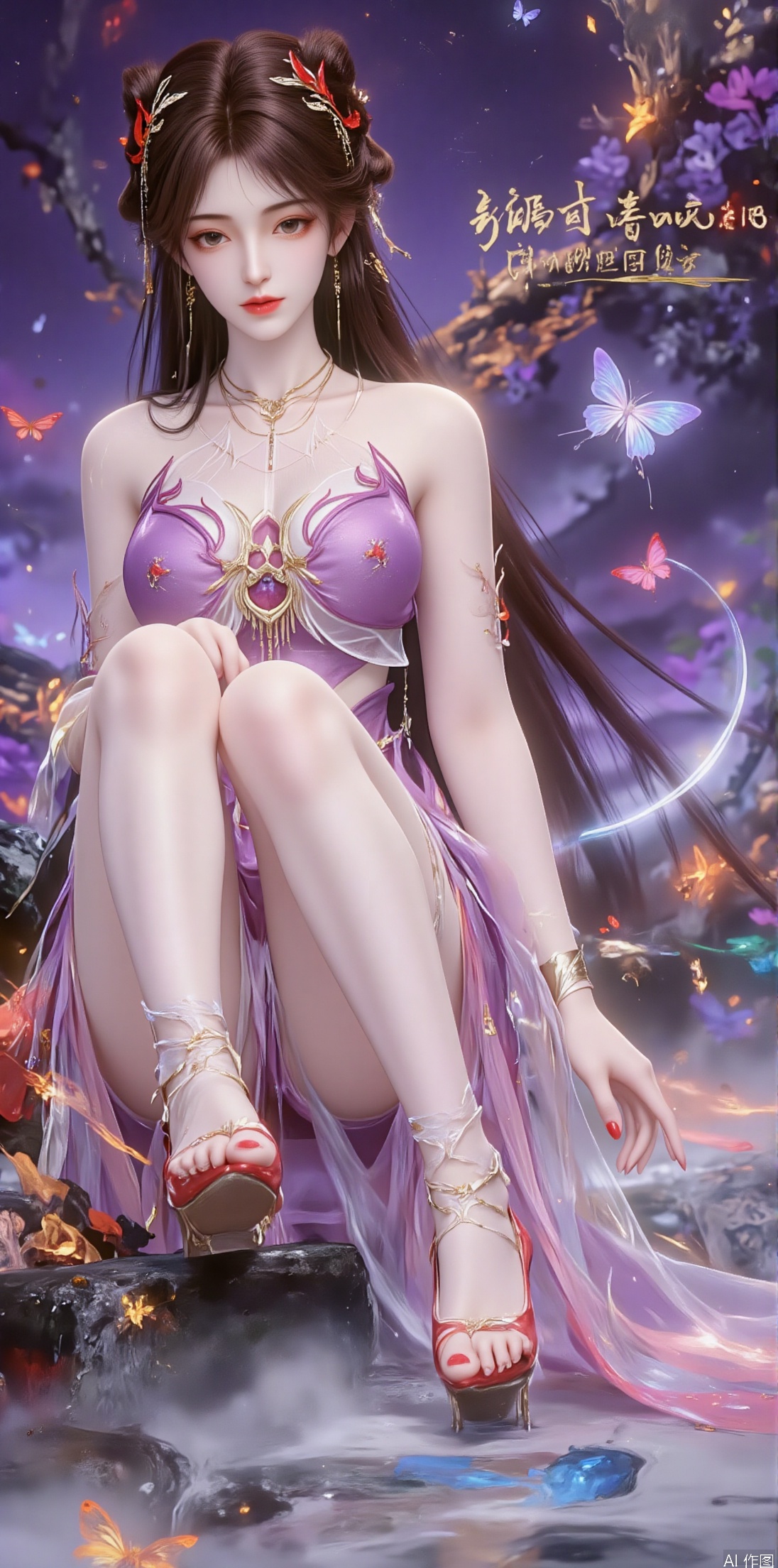 1girl, solo, long hair, looking at viewer, black hair, hair ornament, thighhighs, dress, sitting, closed mouth, full body, teeth, high heels, chinese clothes, bug, butterfly, purple dress, chinese text,jinghongzy