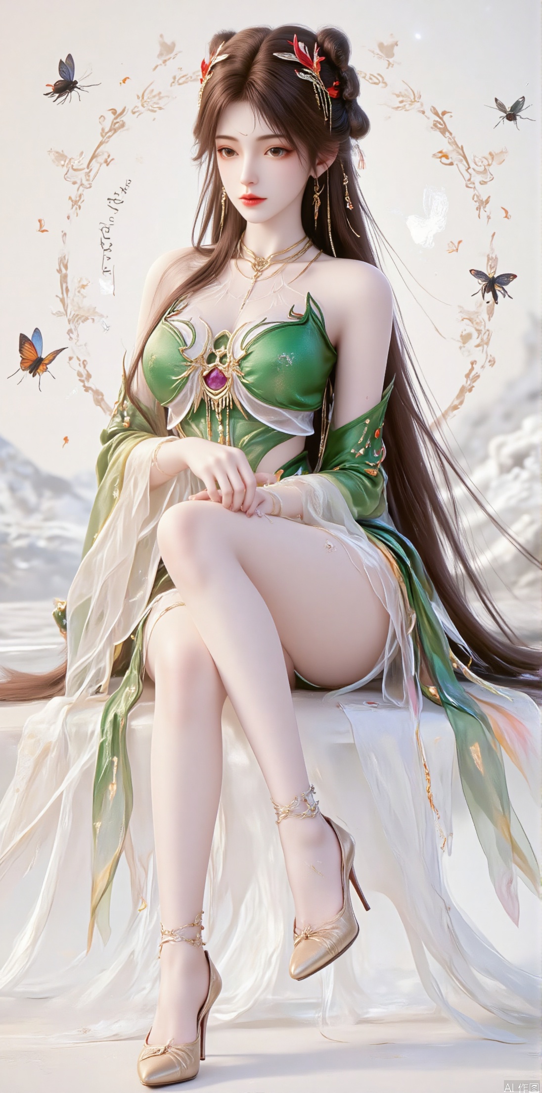 1girl, solo, long hair, looking at viewer, black hair, hair ornament, thighhighs, dress, sitting, closed mouth, full body, teeth, high heels, chinese clothes, bug, butterfly, green dress, chinese text,jinghongzy