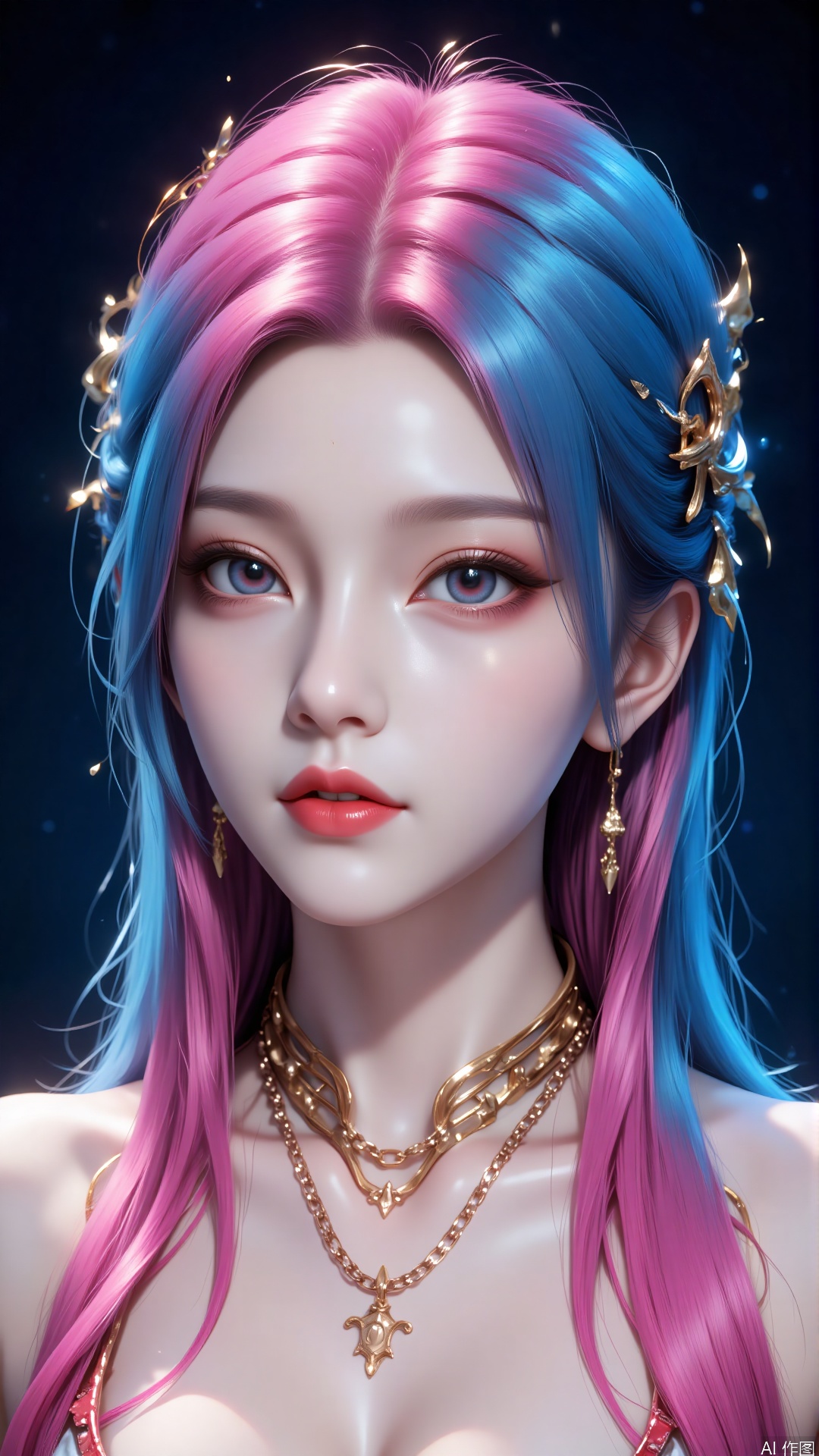 The image depicts a stylized, digitally rendered portrait of a young woman with long, flowing hair that transitions from a vibrant pink to a deep blue. Her skin has a smooth, almost ethereal quality, highlighted by subtle lighting that accentuates her cheekbones and lips. She is wearing multiple chains around her neck, adding a modern, edgy touch to her appearance. Her eyes are striking, with dark eyeliner and bright red eyeshadow that contrast sharply with her pale skin. The background is a solid, deep blue, which complements the overall color scheme of the image. The woman's expression is neutral yet captivating, with her lips slightly parted as if she is about to speak or sing.