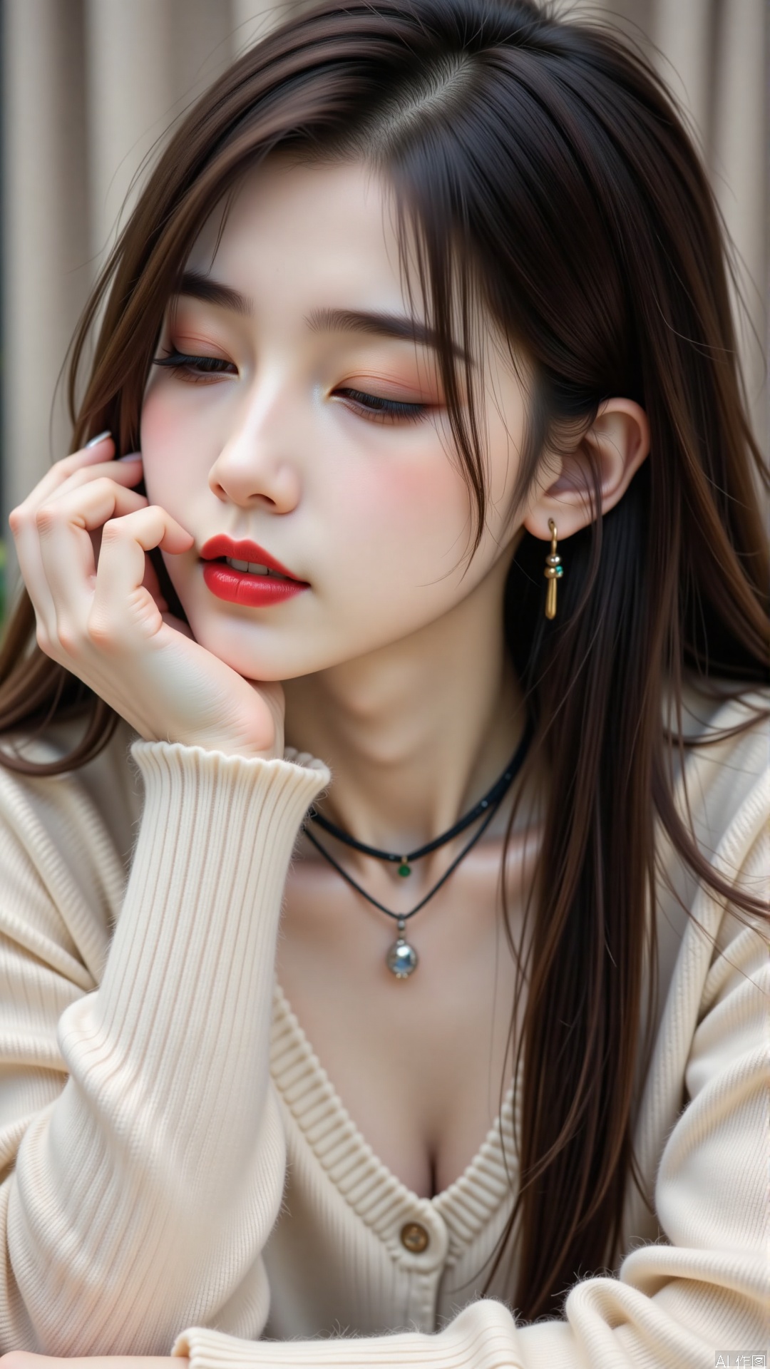 The image shows a young woman with long, dark hair, wearing a light-colored, knitted sweater. She has a delicate necklace with a small pendant. Her eyes are closed, and she is resting her chin on her hand, with her lips painted a bold red. The background is blurred, making the subject stand out prominently.