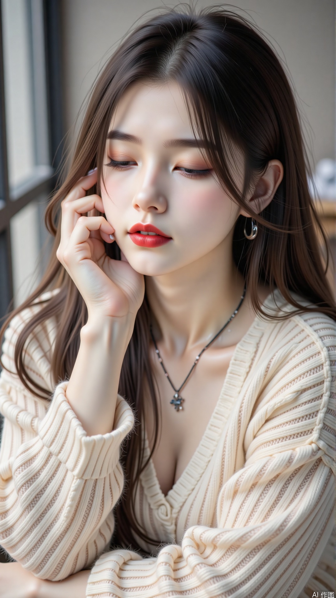 The image shows a young woman with long, dark hair, wearing a light-colored, knitted sweater. She has a delicate necklace with a small pendant. Her eyes are closed, and she is resting her chin on her hand, with her lips painted a bold red. The background is blurred, making the subject stand out prominently.