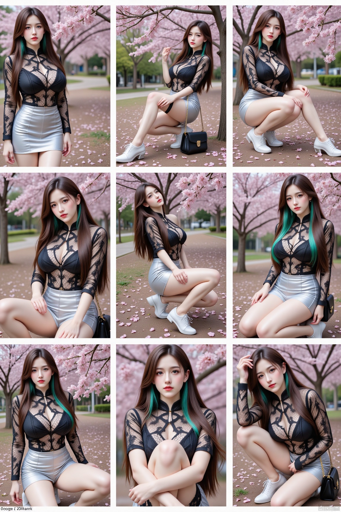 In these nine sets of collaged images,  four fashionable women are positioned under cherry blossom trees,  each striking a...