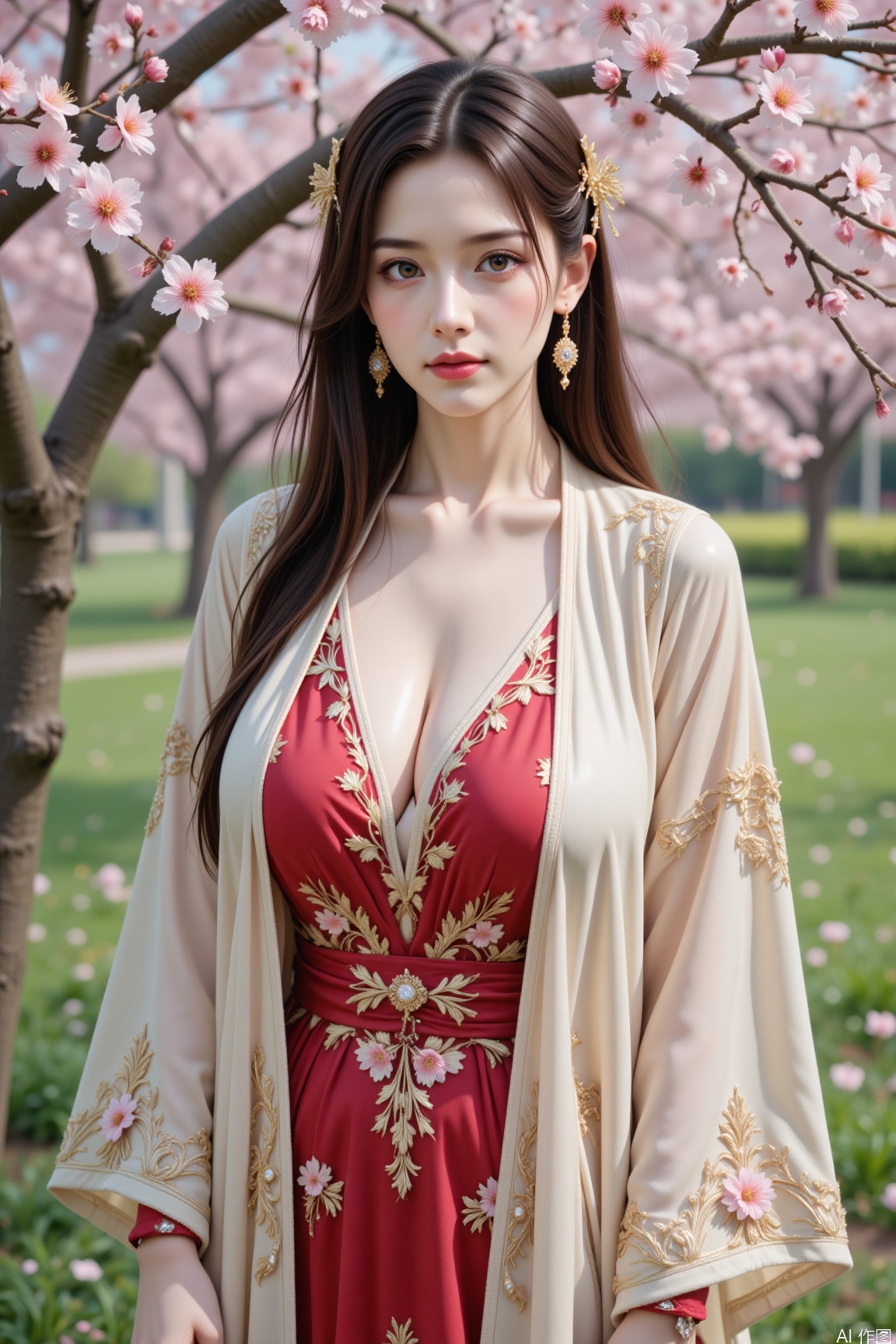 The image depicts a person standing in front of a blossoming tree,  dressed in traditional attire. The individual is weari...