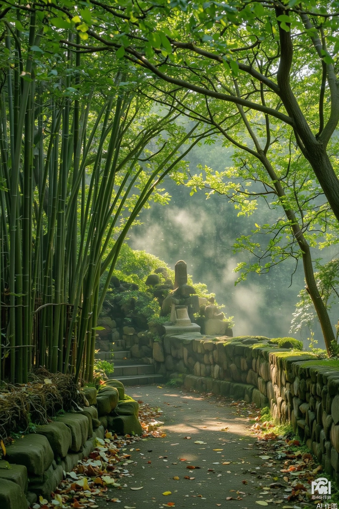 The image depicts a serene bamboo forest with tall, slender green bamboo stalks that stretch upwards, creating a natural canopy. Sunlight filters through the dense foliage, casting a soft, ethereal glow on the forest floor, which is covered with fallen leaves. The path meanders through the forest, inviting exploration. The atmosphere is tranquil and slightly misty, enhancing the sense of being enveloped by nature. The image is credited to AI, as indicated by the watermark in the bottom right corner.