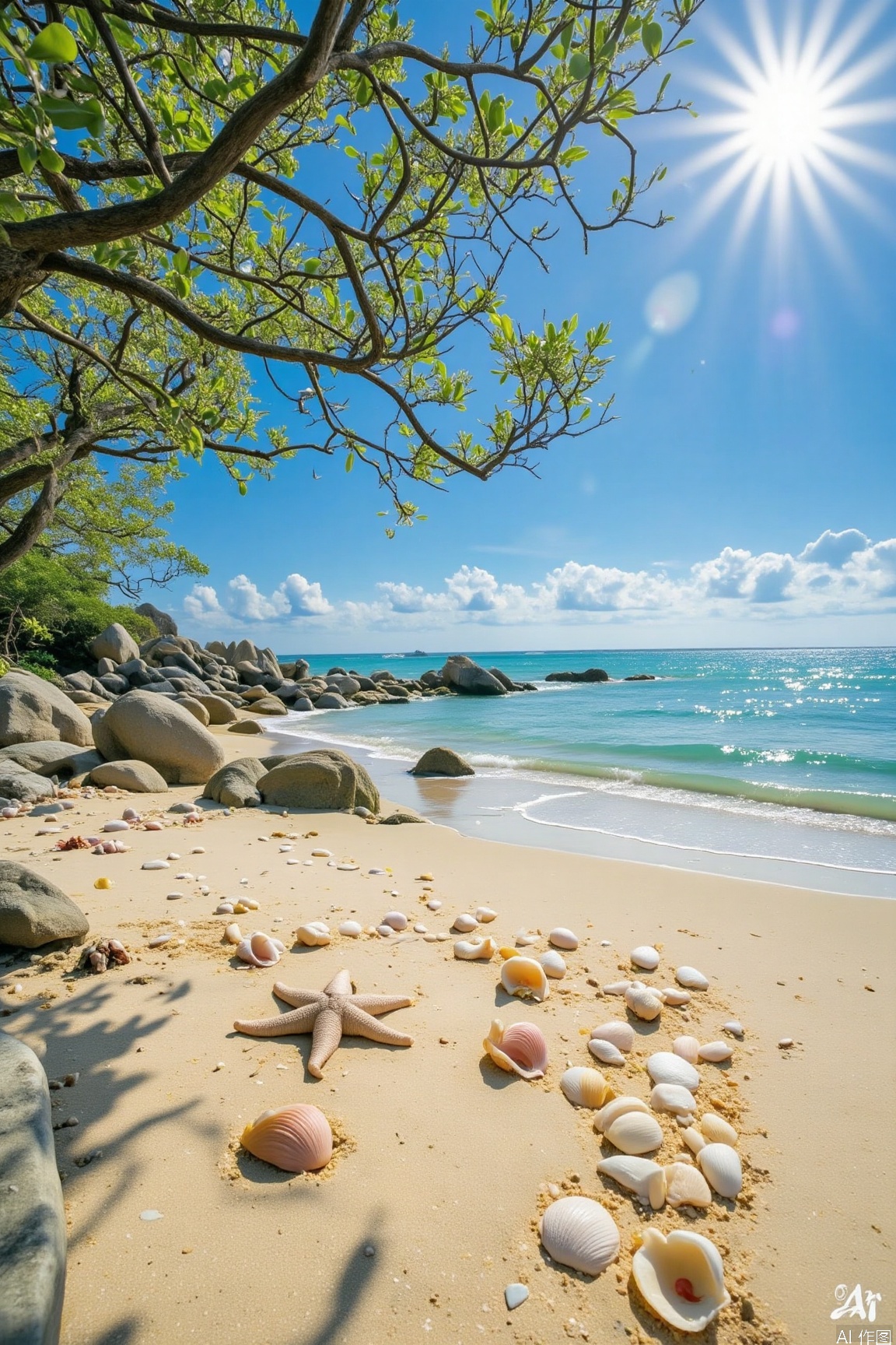 The image depicts a serene beach scene with a clear blue sky and fluffy white clouds. The ocean is calm with gentle waves lapping against the sandy shore. Large rocks are visible in the water near the shore, and there are seashells scattered on the sand, including a starfish and several conch shells. The sunlight is bright, casting a warm glow over the entire scene. The text "AI" is visible in the bottom right corner of the image.