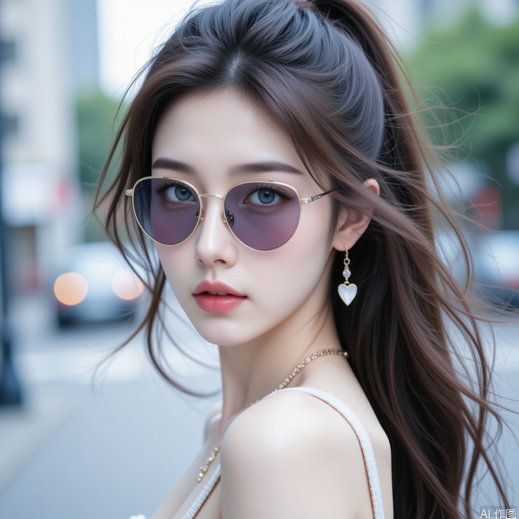 1girl, solo, long hair, looking at viewer, blue eyes, brown hair, jewelry, ponytail, heart, earrings, outdoors, parted lips, blurry, lips, depth of field, blurry background, sunglasses, portrait, zipper, realistic, nose, heart earrings, heart-shaped eyewear