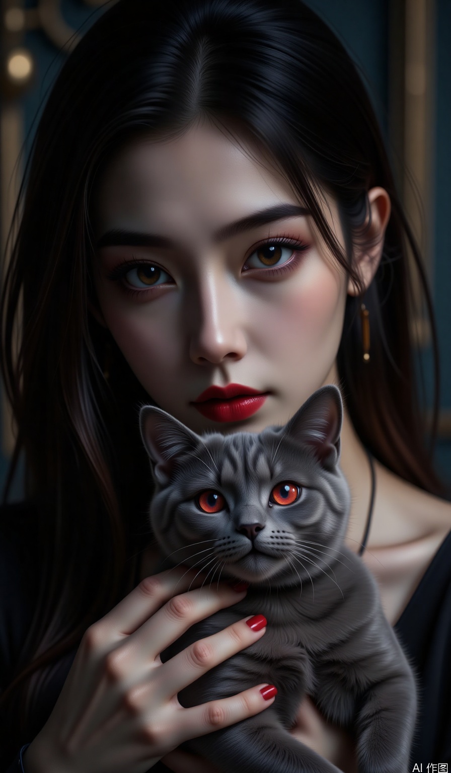 The image depicts a close-up of a woman with long black hair and striking red lipstick. She is gently holding a gray cat with bright red eyes. The cat's fur appears soft and well-groomed, and it is looking directly at the camera. The background is blurred, focusing the viewer's attention on the woman and the cat. The overall atmosphere is intimate and serene, with a focus on the bond between the woman and her pet.