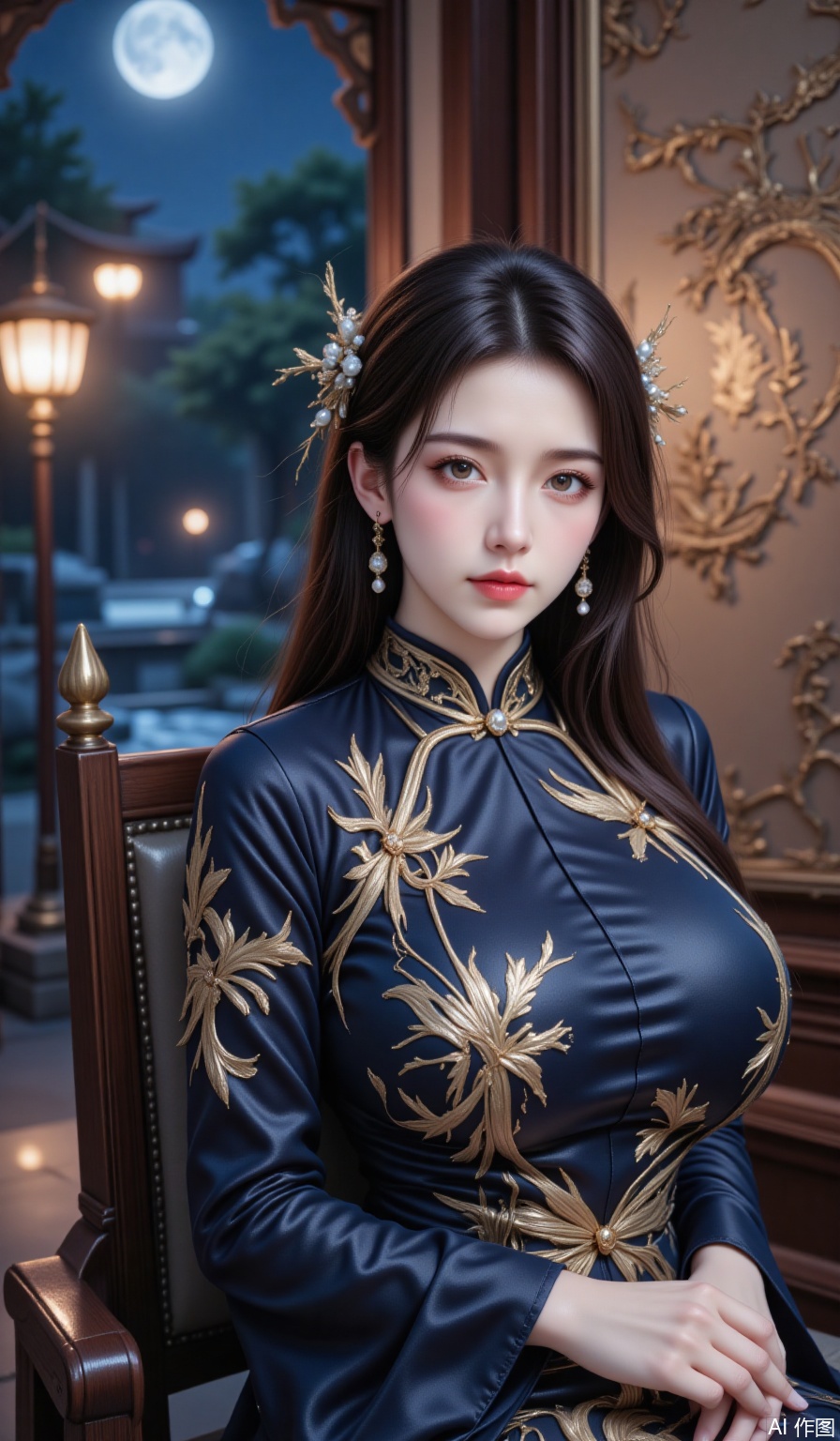 The beauty of cheongsam sat upright on a carved mahogany Taishi chair. The dark blue silk cheongsam embroidered with a gold-line phoenix pattern. The collar is inlaid with jade buckles. The pearl earrings emit a soft halo in the backlight. The background is a hazy night view of Jiangnan gardens. The warm light of the stone lanterns and cool moonlight meets on the Su-embroidered screen. The 8K ultra-clear picture quality highlights the satin luster and embroidered three-dimensional sense of the cheongsam. The shallow depth of field imitates the flowing water of the bamboo forest on the background. The wide-angle lens captures the details of the carved dragon pattern on the back of the chair. The dark black lip glaze and gilded nails show delicate reflections under the warm light. The misty incense burner smoke adds the mysterious oriental atmosphere.