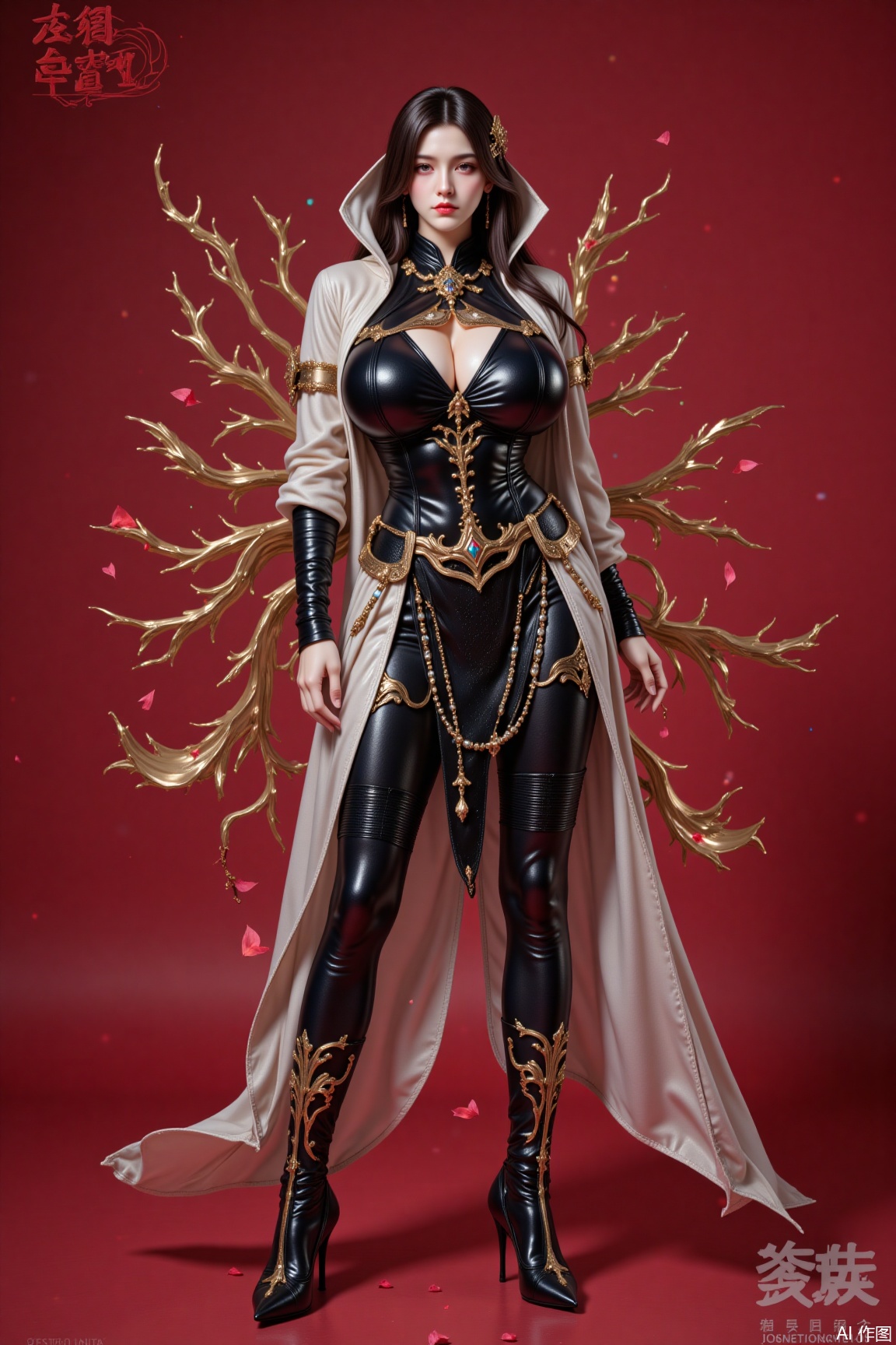 一位身穿未来主义风格服装的女性角色。她的整体造型充满了科幻元素,给人一种强烈的未来战士或指挥官的形象。以下是对这幅图像的详细解析和润色扩展：服装与装备1. 服装：主体：她的服装主要是黑色,带有金色的装饰,显得既高贵又威严。这种颜色搭配在视觉上非常吸引人,同时也传达出一种权威感。材质：服装看起来是由高科技材料制成,可能是某种合成纤维,具有光泽感,这增强了其未来感。设计：服装设计紧身,强调了角色的身形,同时也便于行动。肩部和腰部的金色装饰不仅美观,还可能具有某种功能性,如防护或能量传导。2. 武器：剑：她手持一把发光的绿色剑,剑身细长,剑柄装饰复杂,显示出这把剑不仅是武器,也可能是身份的象征。功能：这把剑的发光特性可能表明它具有能量武器的特性,如激光或等离子剑,适合在高科技环境中使用。3. 配饰：靴子：她的靴子同样带有金色装饰,与服装的整体风格相匹配,同时高跟设计增加了角色的威严感。手套：她戴着黑色手套,可能具有保护手部或增强抓握力的功能。环境与背景背景：她站在一个高科技的室内环境中,背景中可以看到复杂的机械结构和电子设备,这表明她可能在一个飞船或空间站的控制室内。门：她身后的门是半透明的,可以看到内部的机械结构,这种设计不仅美观,还可能具有某种实用功能,如监控或安全防护。角色设定身份：从她的装备和环境来看,她可能是一个高级军官、指挥官或某种特殊部队的成员。她的服装和武器都显示出她的地位和能力。性格：她的姿态和表情传达出一种冷静和自信,这表明她是一个经验丰富、决策果断的角色。故事背景科幻世界：这幅图像可能属于一个科幻故事,其中人类已经掌握了先进的科技,如太空旅行、能量武器等。在这样的世界中,角色可能面临着各种挑战,如外星入侵、内部叛乱等。角色任务：她可能正在准备执行一项重要任务,如领导一次远征、指挥一场战斗或进行一次关键的谈判。总的来说,这幅图像通过其精细的细节和强烈的视觉风格,成功地塑造了一个未来世界中的角色形象,激发了观众对她的故事和背景的想象。