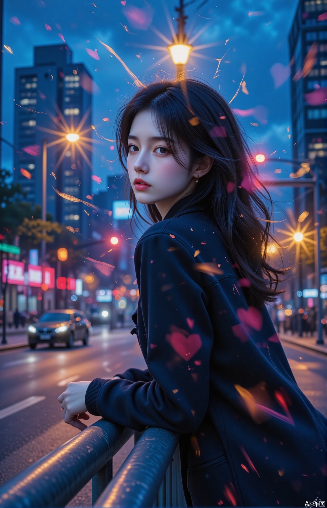As night falls, a young woman leans on the railing of an urban overpass, gazing into the distance. Neon lights create a highlighted outline, with the cool tone of the night sky clashing with the warm streetlights. The backlit silhouette conveys a story atmosphere of confusion and anticipation.“Fuok me”.,vivid color,double-exposure,motion blur effect,plns