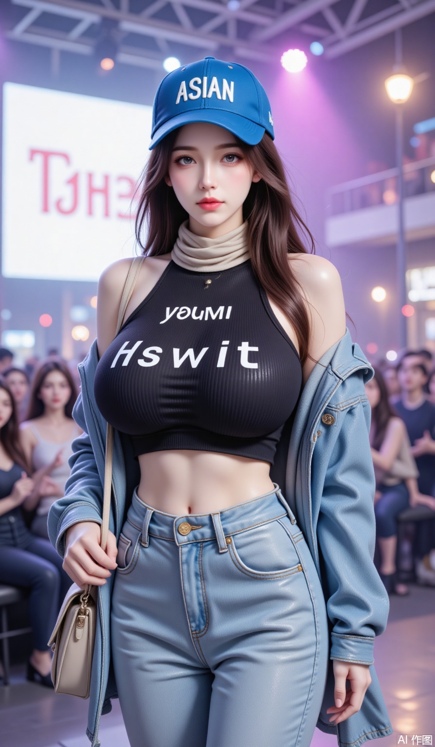 In this illustration, the woman showcases a casual yet stylish look. She wears a blue baseball cap with the word "ASIAN" written on it, giving off a youthful and energetic vibe. She's dressed in a black crop top with the phrase "Hou ge" printed on it, displaying a rebellious personality. Paired with loose-fitting jeans, she appears comfortable and laid-back. A denim jacket is casually draped over her shoulders, adding a touch of effortless fashion sense. A beige scarf wrapped around her neck adds a warm touch to her overall style. She carries a beige shoulder bag, simple yet practical.​Replace the plain white background with a vibrant stage surrounded by enthusiastic audiences whose applause and cheers celebrate the woman's fashionable appearance. Under the stage lights, every detail of her outfit stands out, from her baseball cap to her jeans and shoulder bag, all exuding confidence and style. Standing on stage, she seems like the star of this fashion show, undoubtedly adding endless charm and vitality to the occasion.